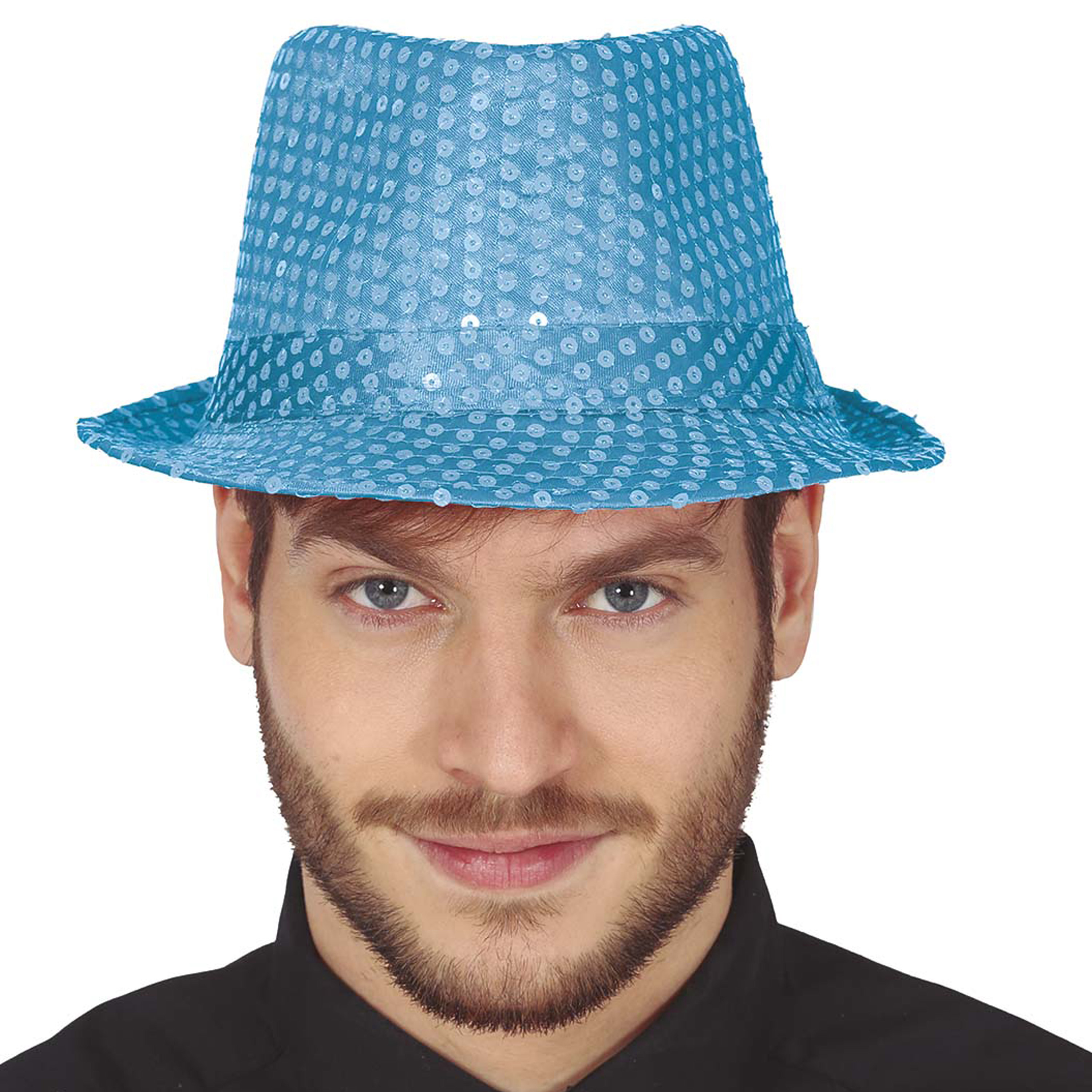 Glitter verkleed hoedje turqouise blauw verkleed accessoires volwassenen-heren met paillette