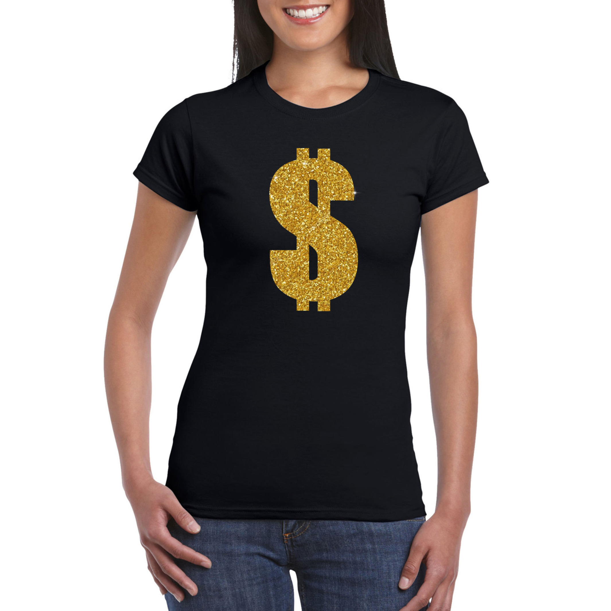 Gouden dollar-Gangster verkleed t-shirt-kleding zwart dames