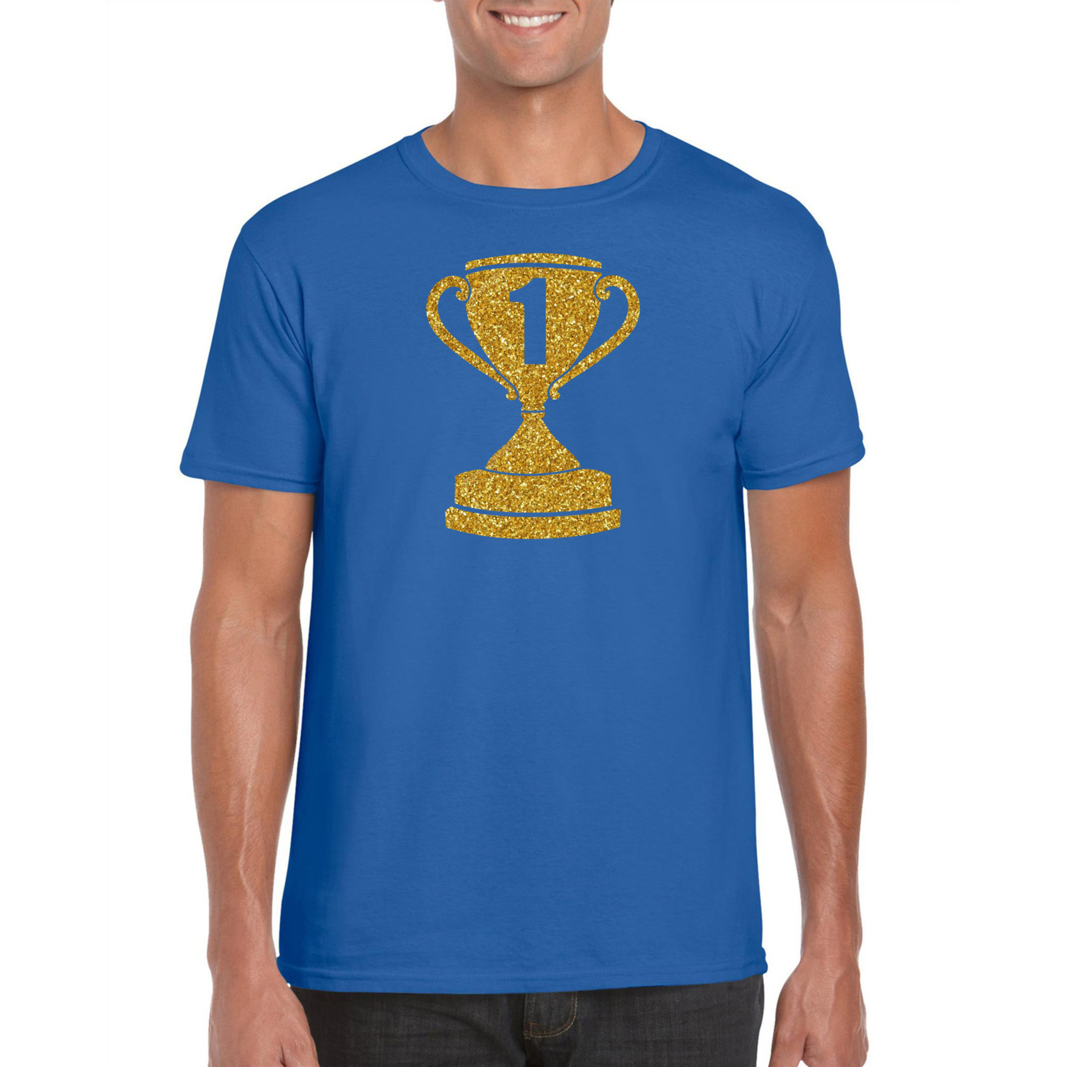 Gouden kampioens beker-nummer 1 t-shirt-kleding blauw heren
