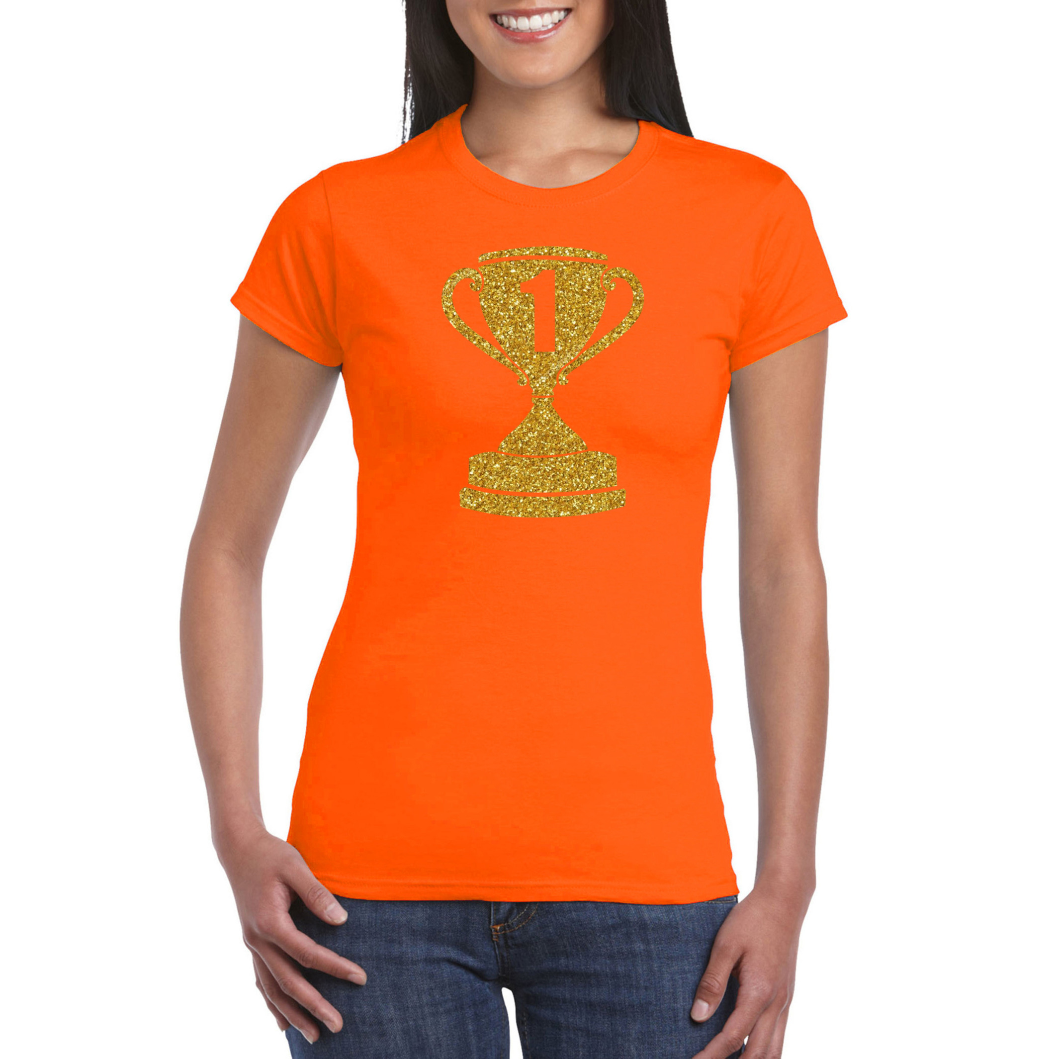 Gouden kampioens beker-nummer 1 t-shirt-kleding oranje dames