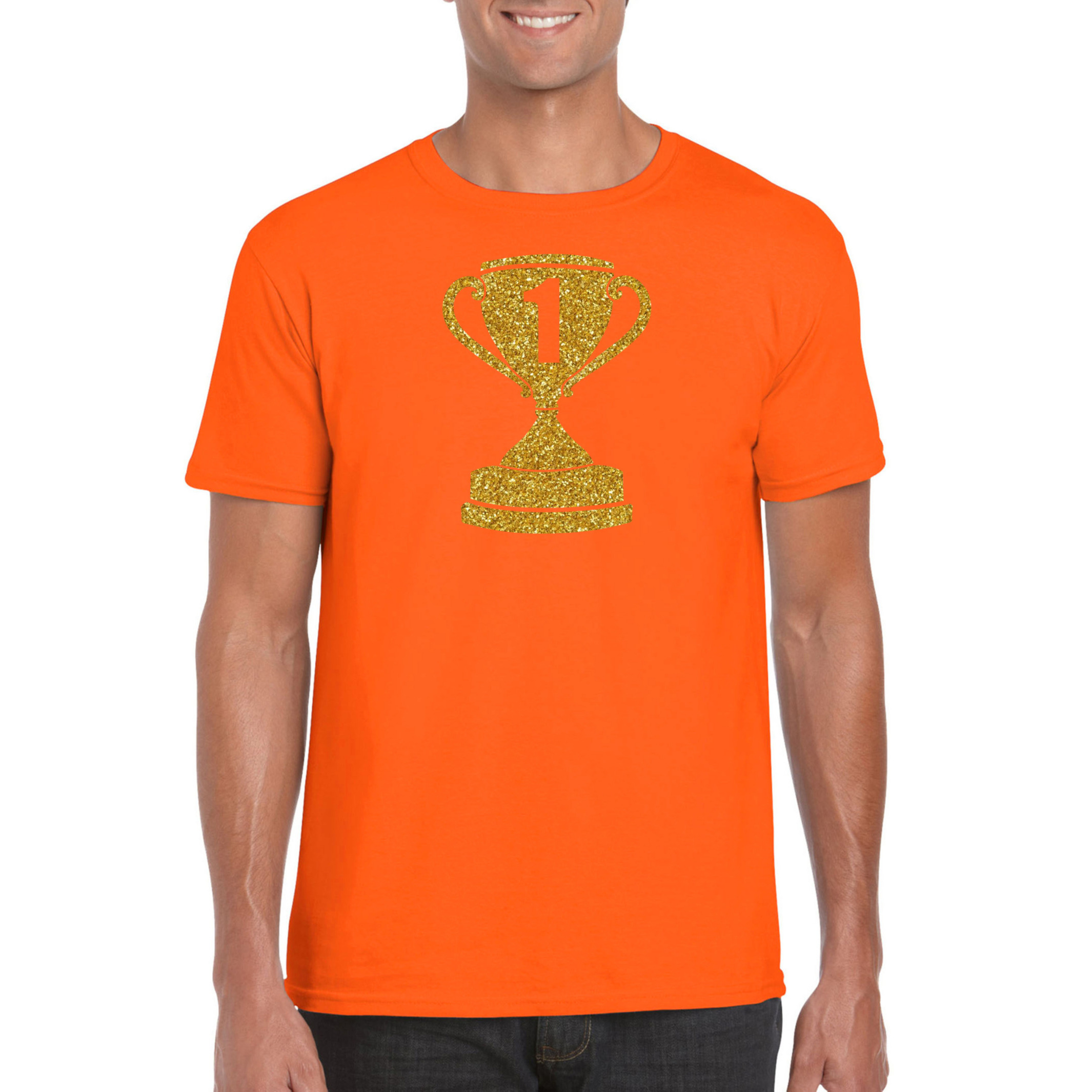 Gouden kampioens beker-nummer 1 t-shirt-kleding oranje heren