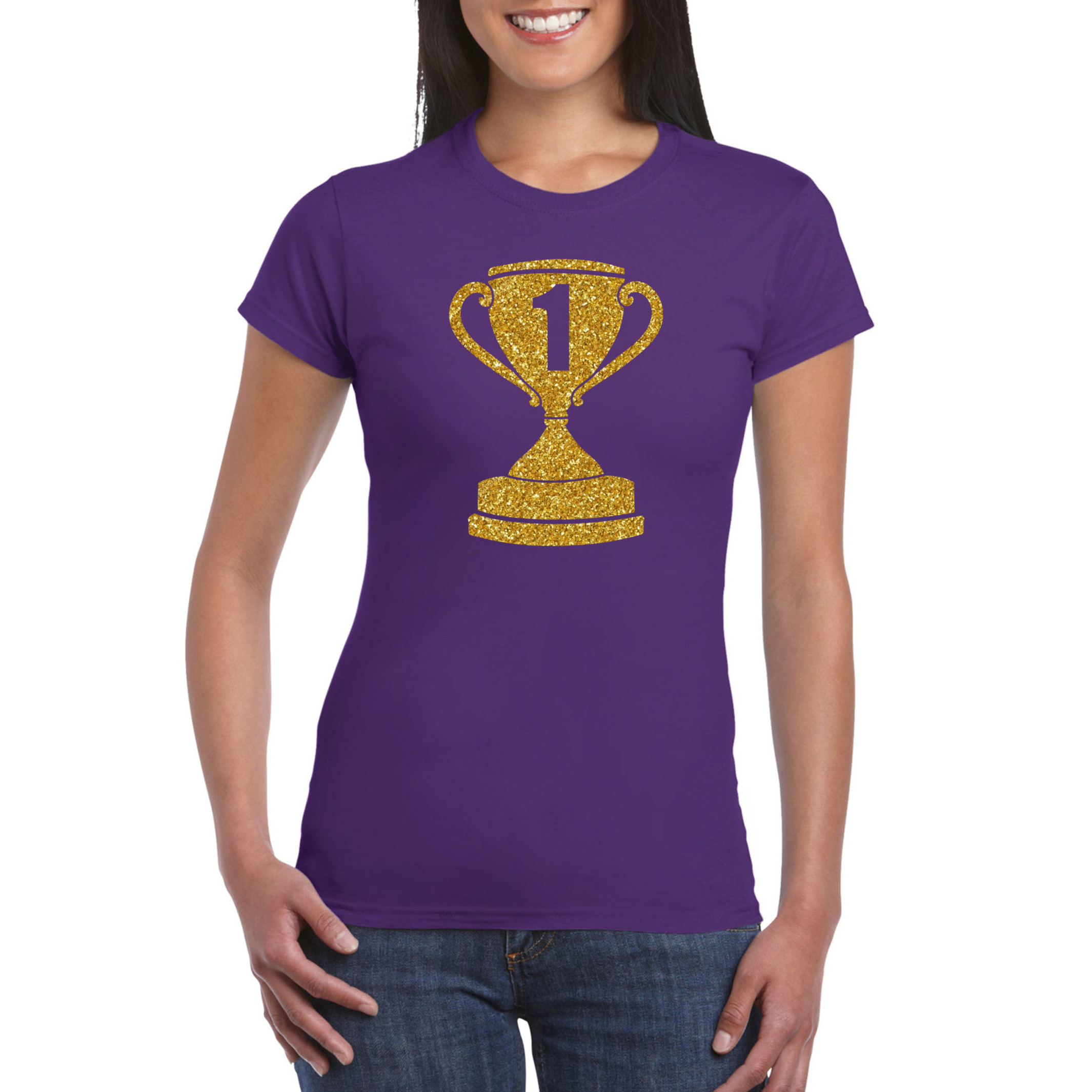 Gouden kampioens beker-nummer 1 t-shirt-kleding paars dames