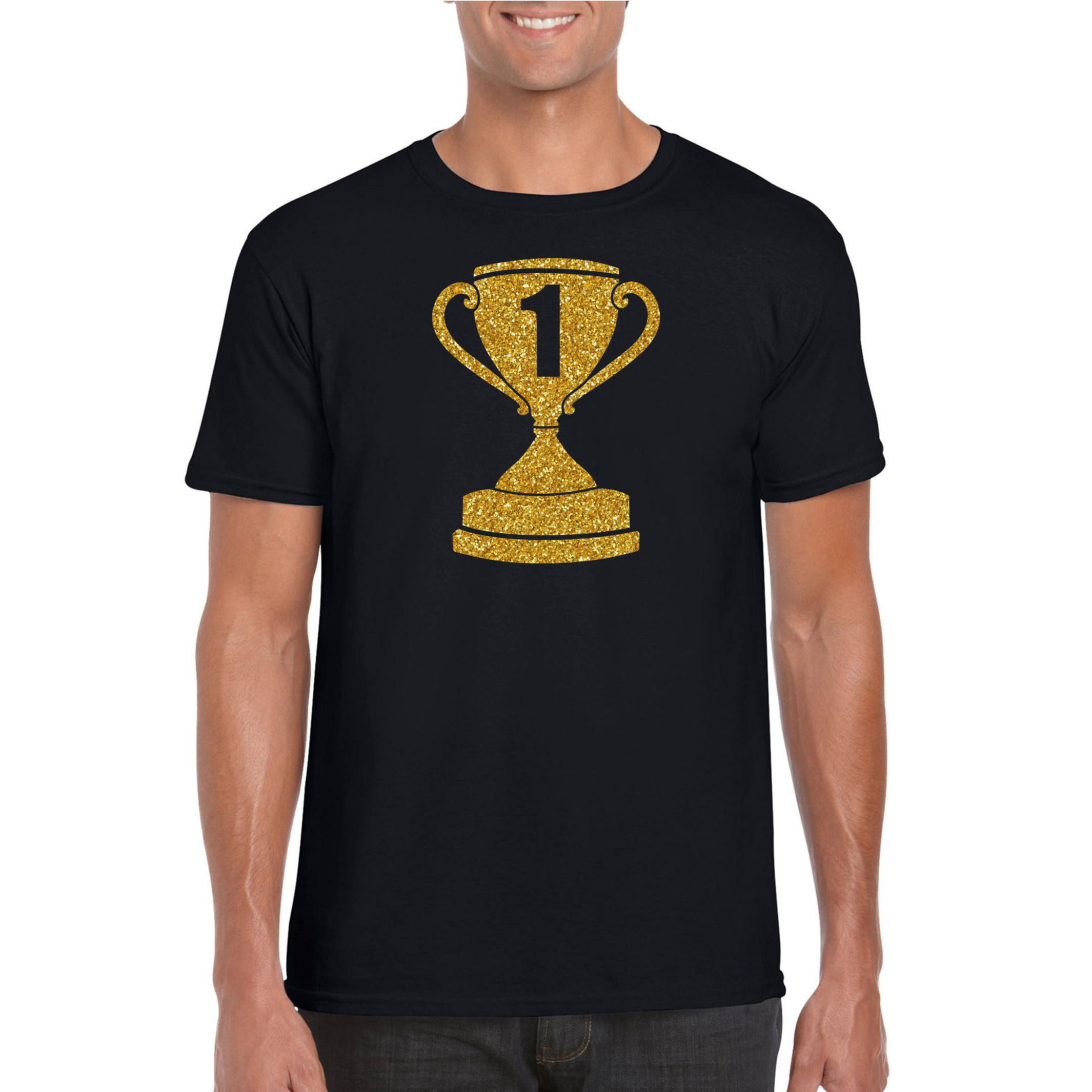 Gouden kampioens beker-nummer 1 t-shirt-kleding zwart heren