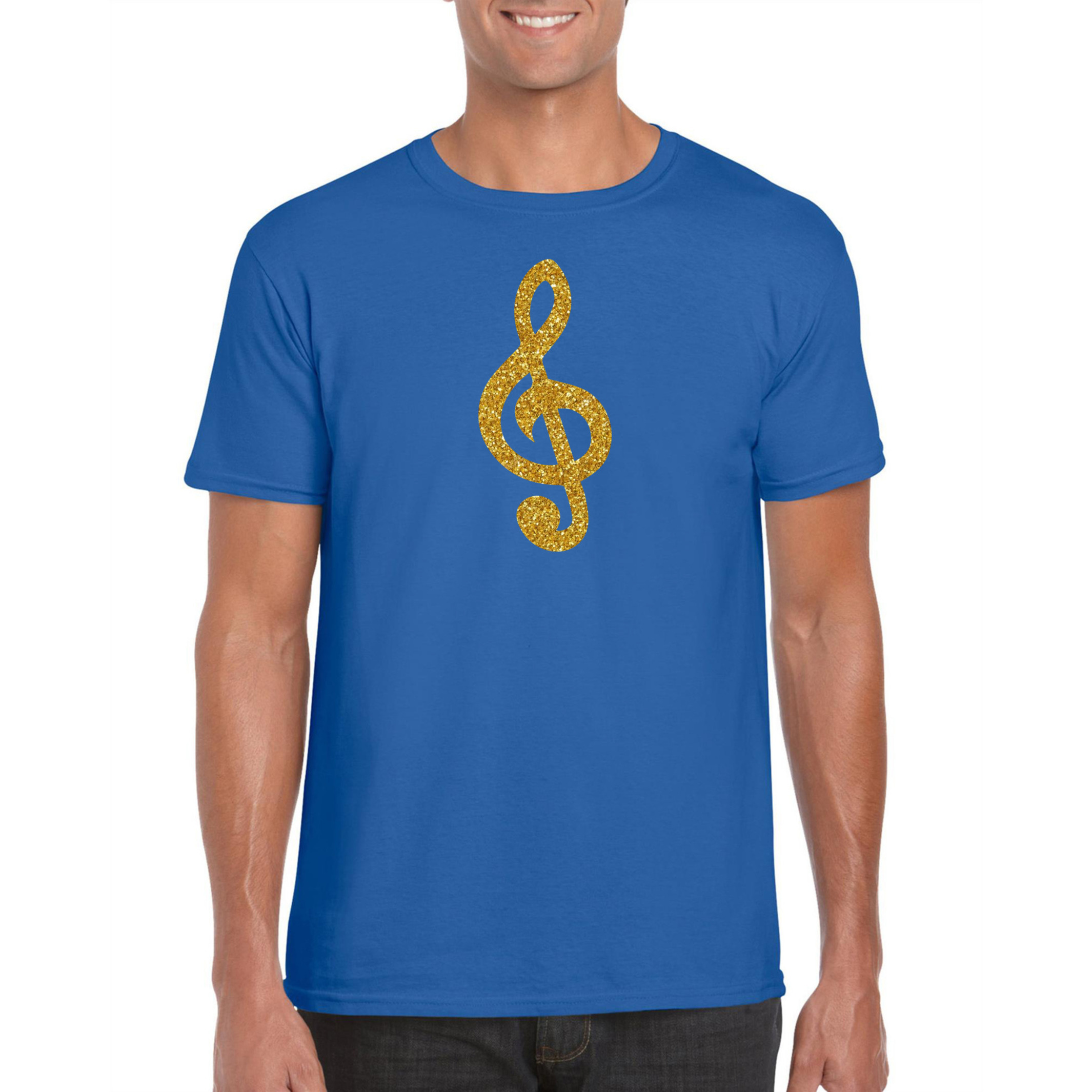 Gouden muziek noot G-sleutel-muziek feest t-shirt-kleding blauw heren