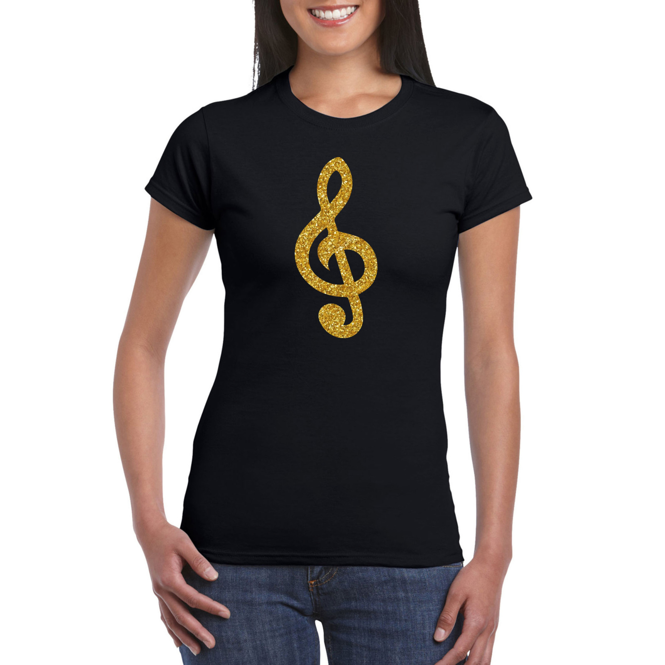 Gouden muziek noot G-sleutel-muziek feest t-shirt-kleding zwart dames