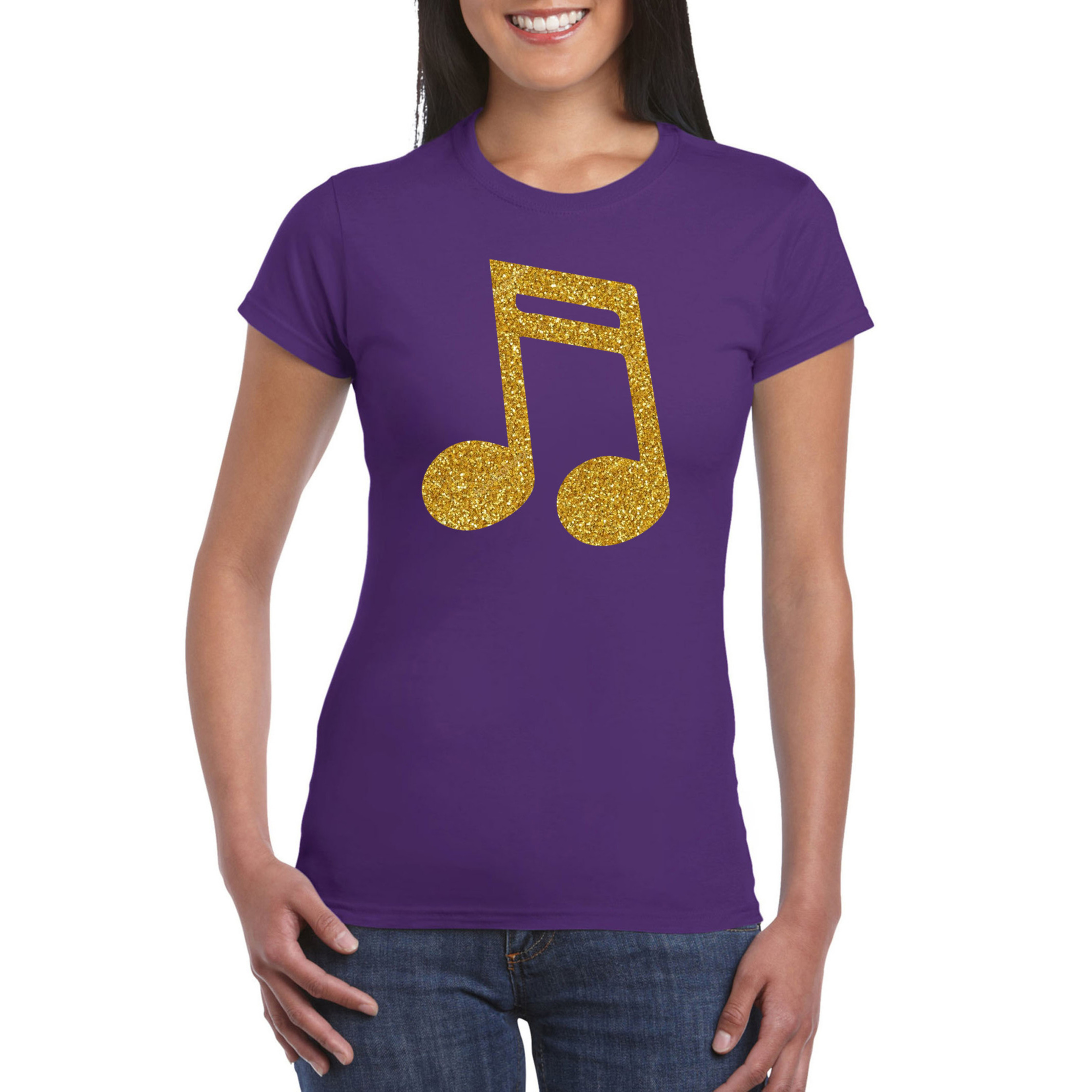 Gouden muziek noot-muziek feest t-shirt-kleding paars dames