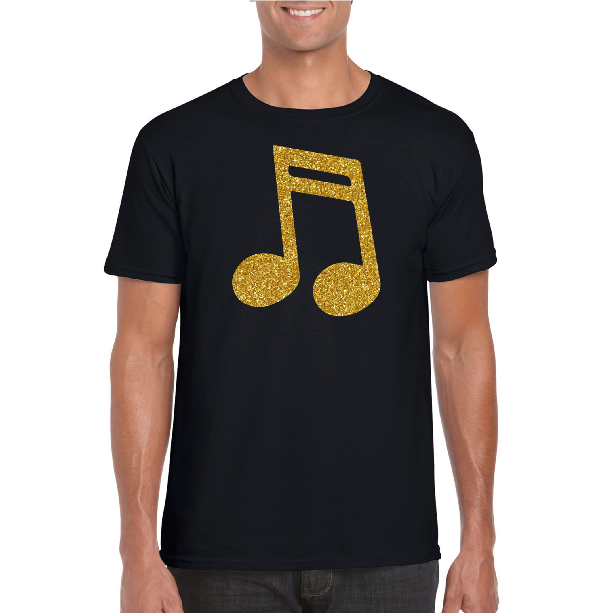 Gouden muziek noot-muziek feest t-shirt-kleding zwart heren