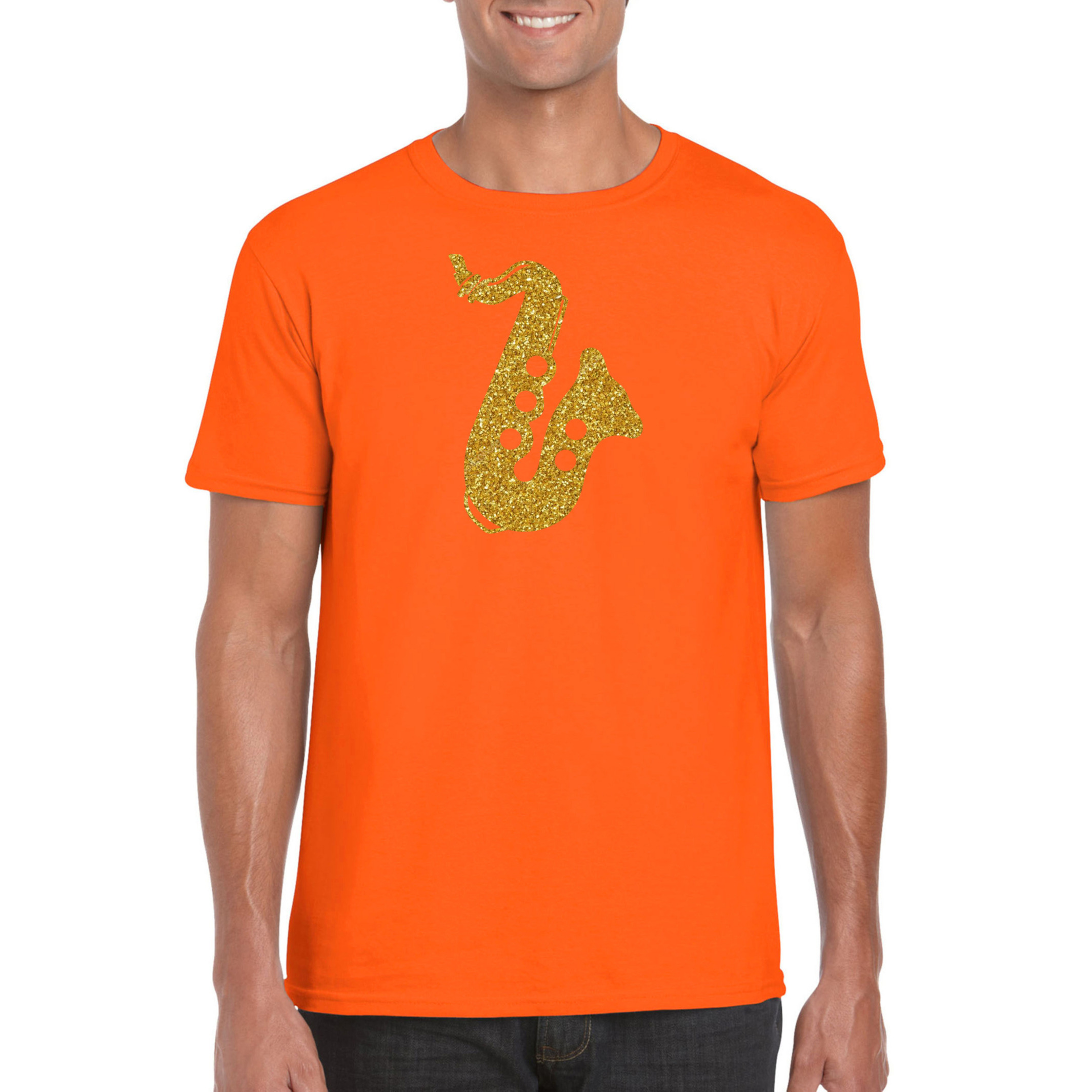 Gouden saxofoon-muziek t-shirt-kleding oranje heren