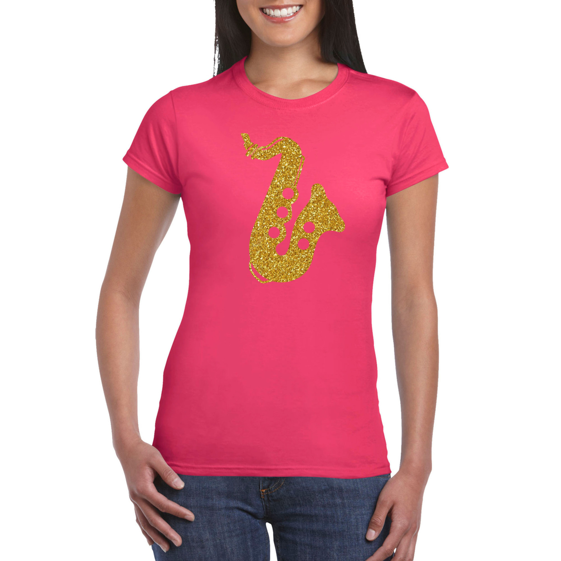 Gouden saxofoon-muziek t-shirt-kleding roze dames