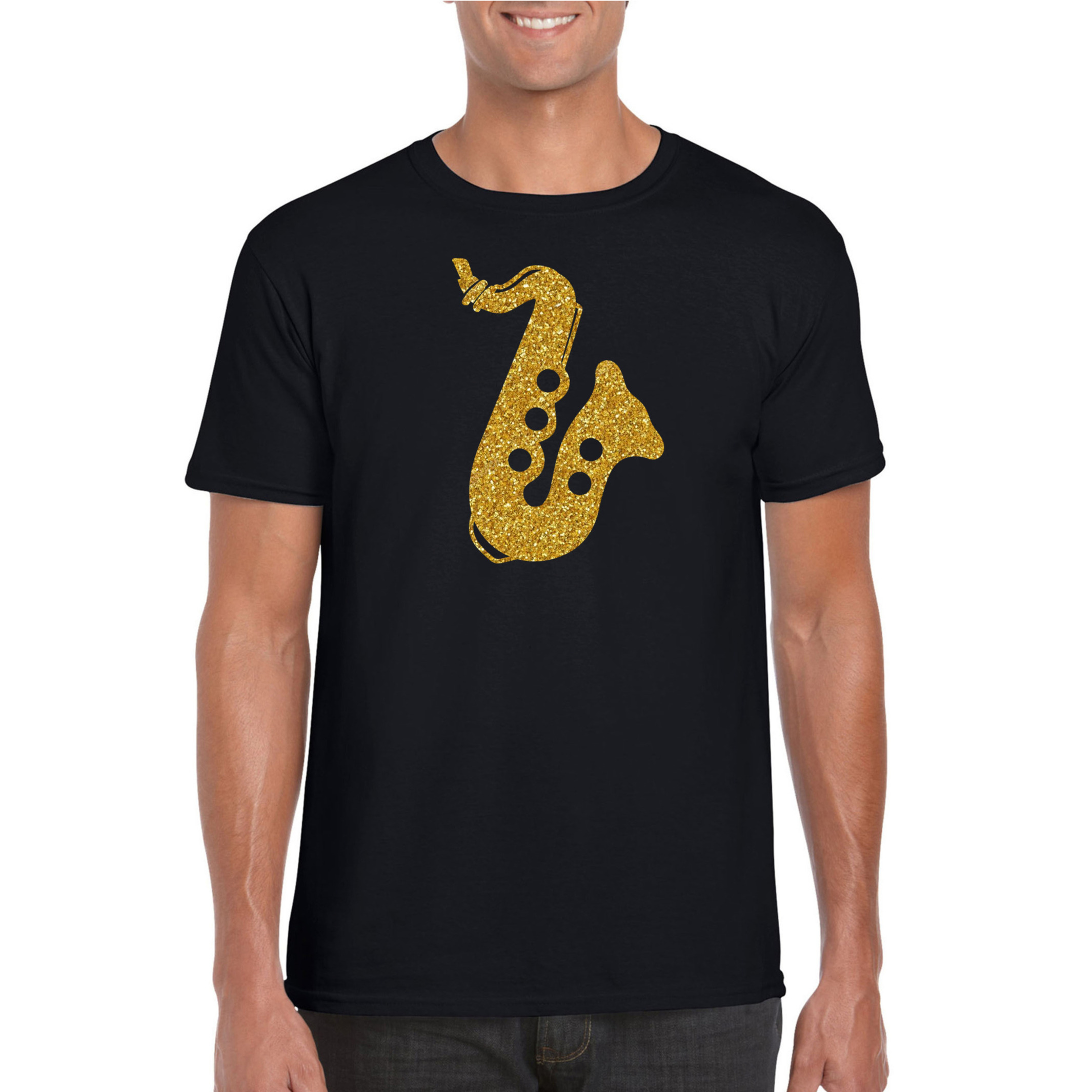 Gouden saxofoon-muziek t-shirt-kleding zwart heren