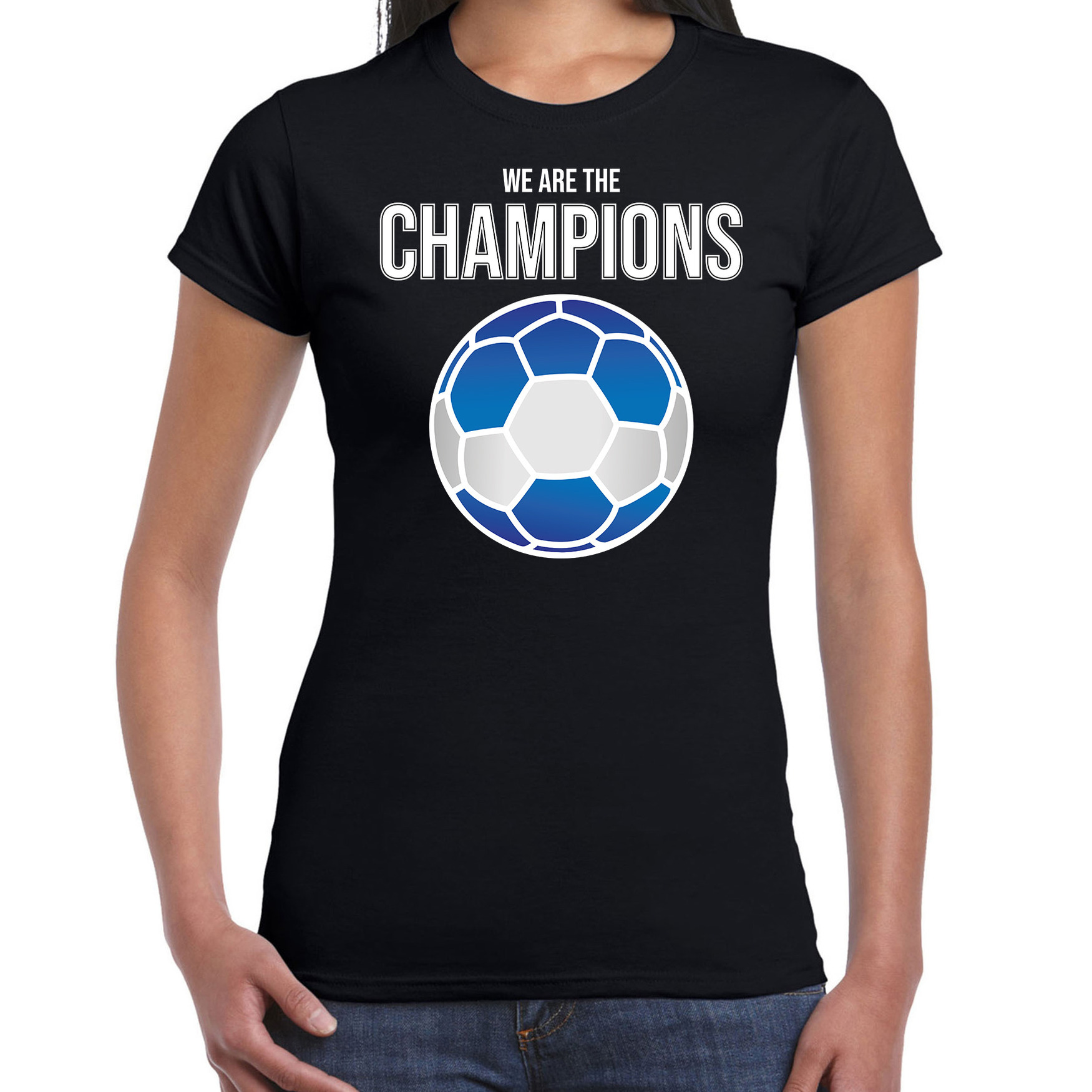 Griekenland EK- WK supporter t-shirt we are the champions met Griekse voetbal zwart dames