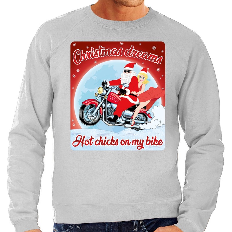 Grijze foute kersttrui-sweater christmas dreams hot chicks on my bike voor motorfans voor heren