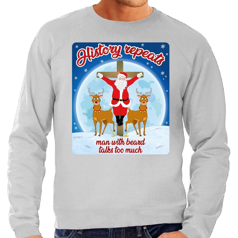 Grijze foute kersttrui-sweater History repeats too voor heren