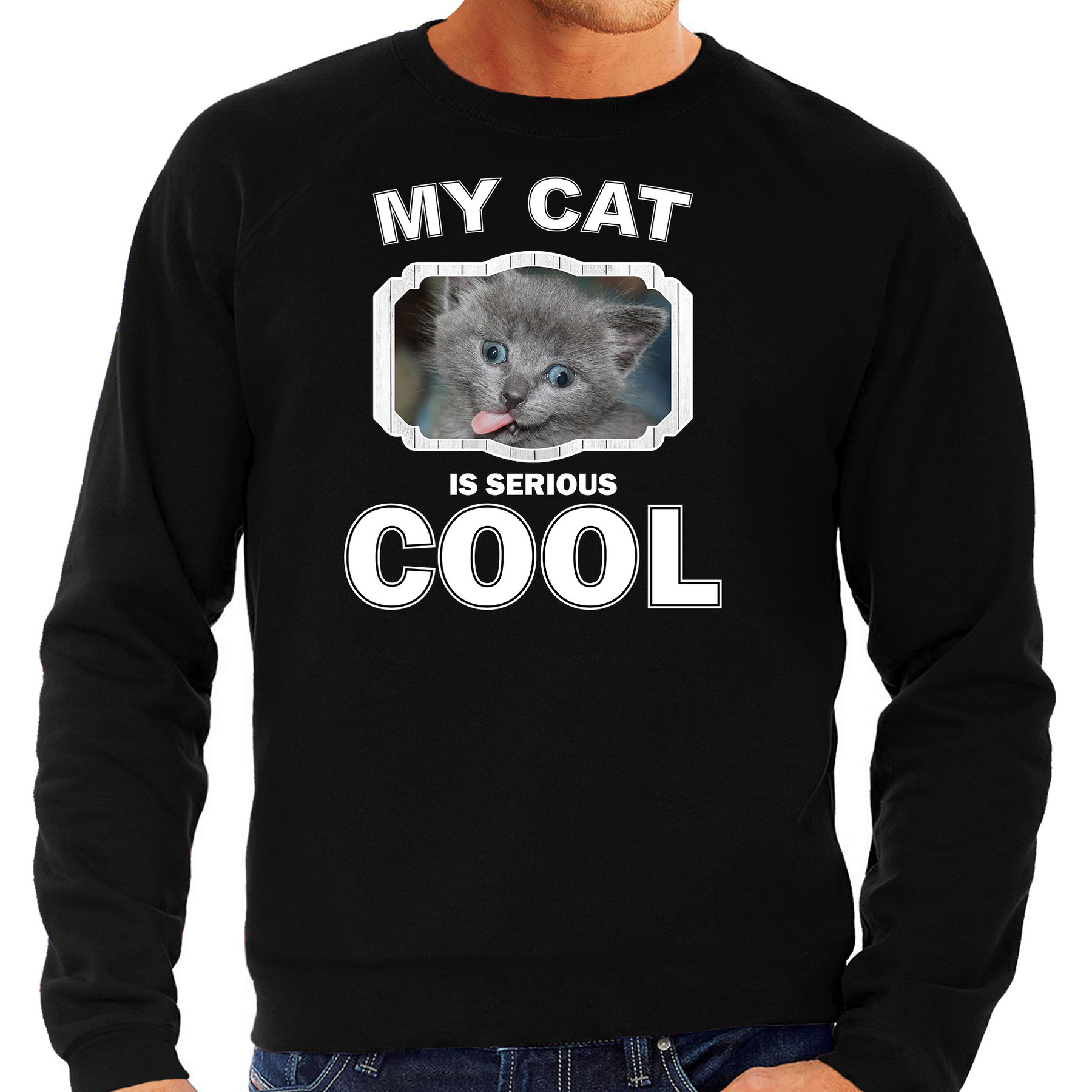 Grijze kat katten sweater-trui my cat is serious cool zwart voor heren