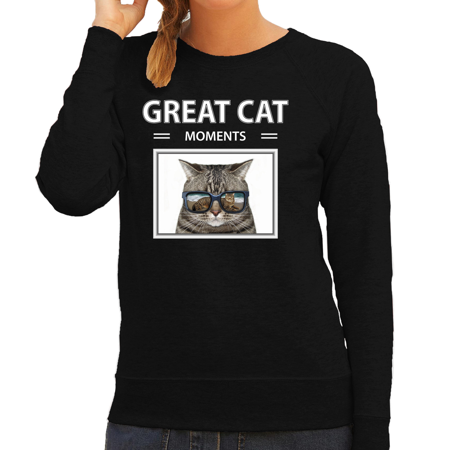 Grijze katten sweater-trui met dieren foto great cat moments zwart voor dames