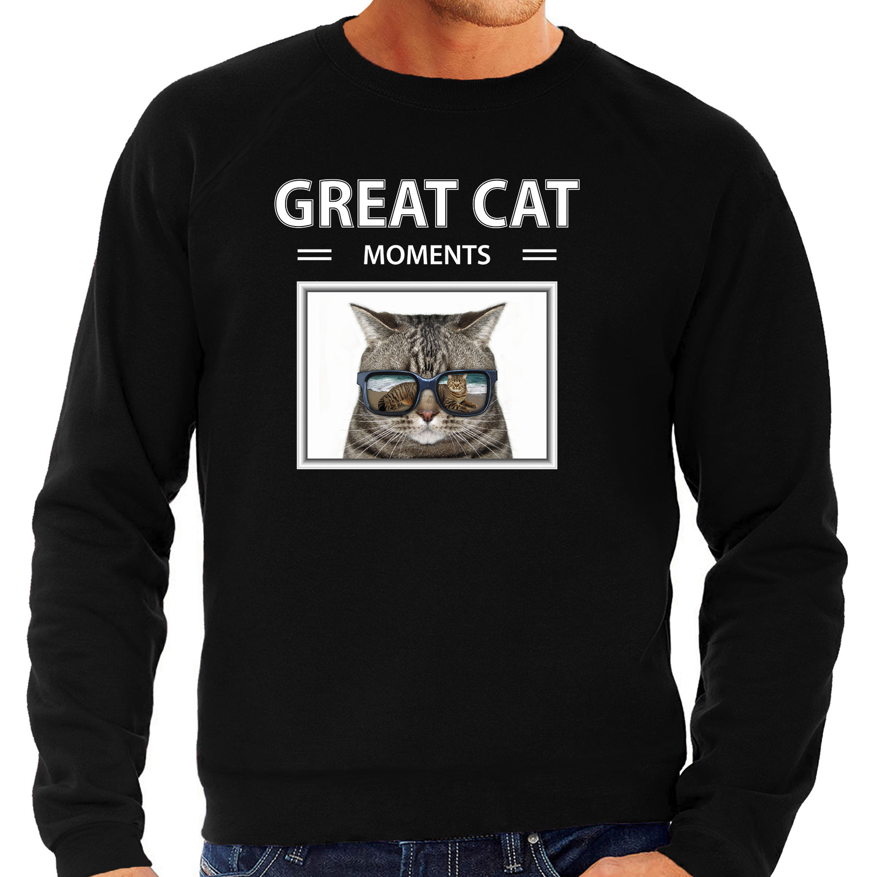 Grijze katten sweater-trui met dieren foto great cat moments zwart voor heren
