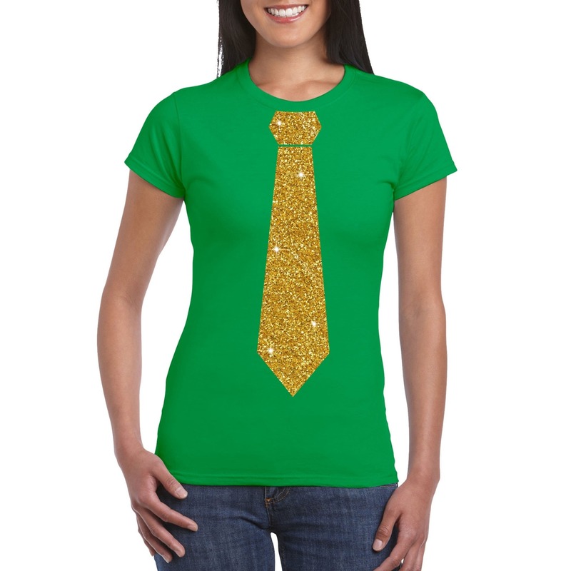 Groen fun t-shirt met stropdas in glitter goud dames