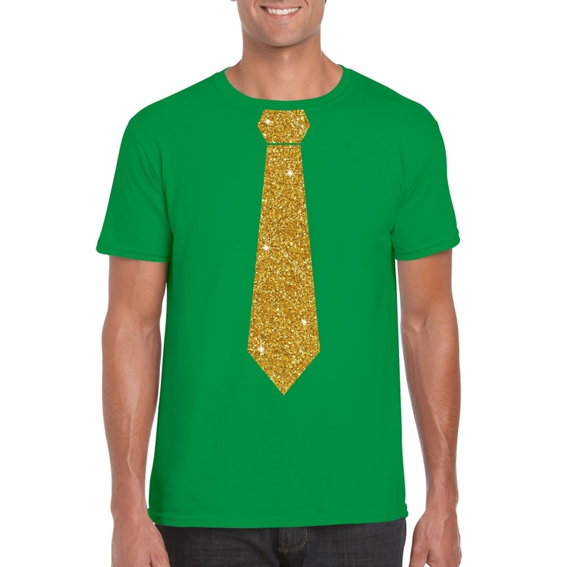 Groen fun t-shirt met stropdas in glitter goud heren