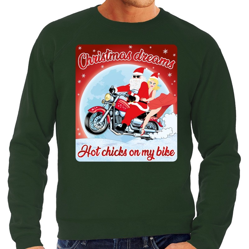 Groene foute kersttrui-sweater christmas dreams hot chicks on my bike voor motorfans voor heren