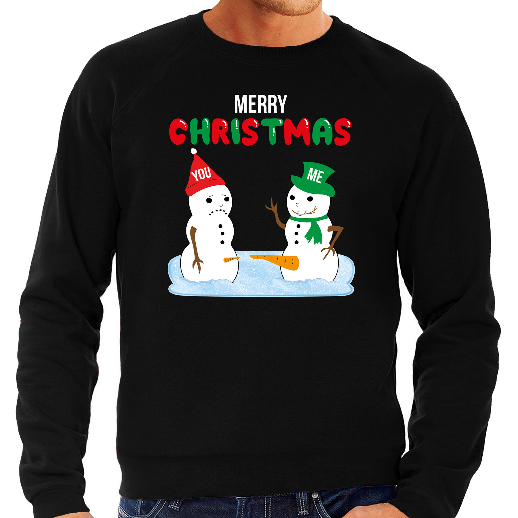 Grote maten Merry Christmas sneeuwpoppen mijne is groter fout Kerst sweater-trui zwart voor heren