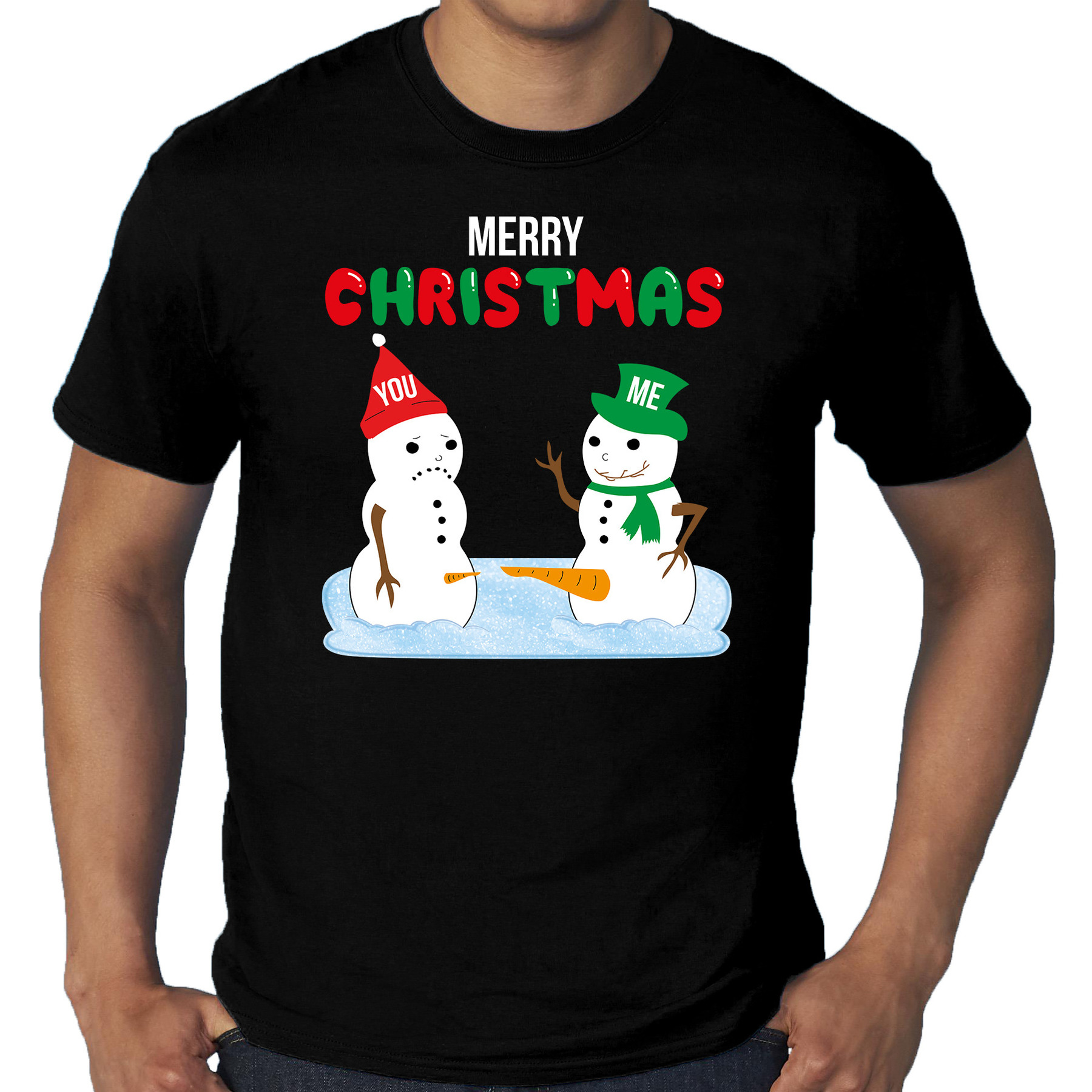 Grote maten Merry Christmas sneeuwpoppen mijne is groter fout Kerst t-shirt zwart voor heren