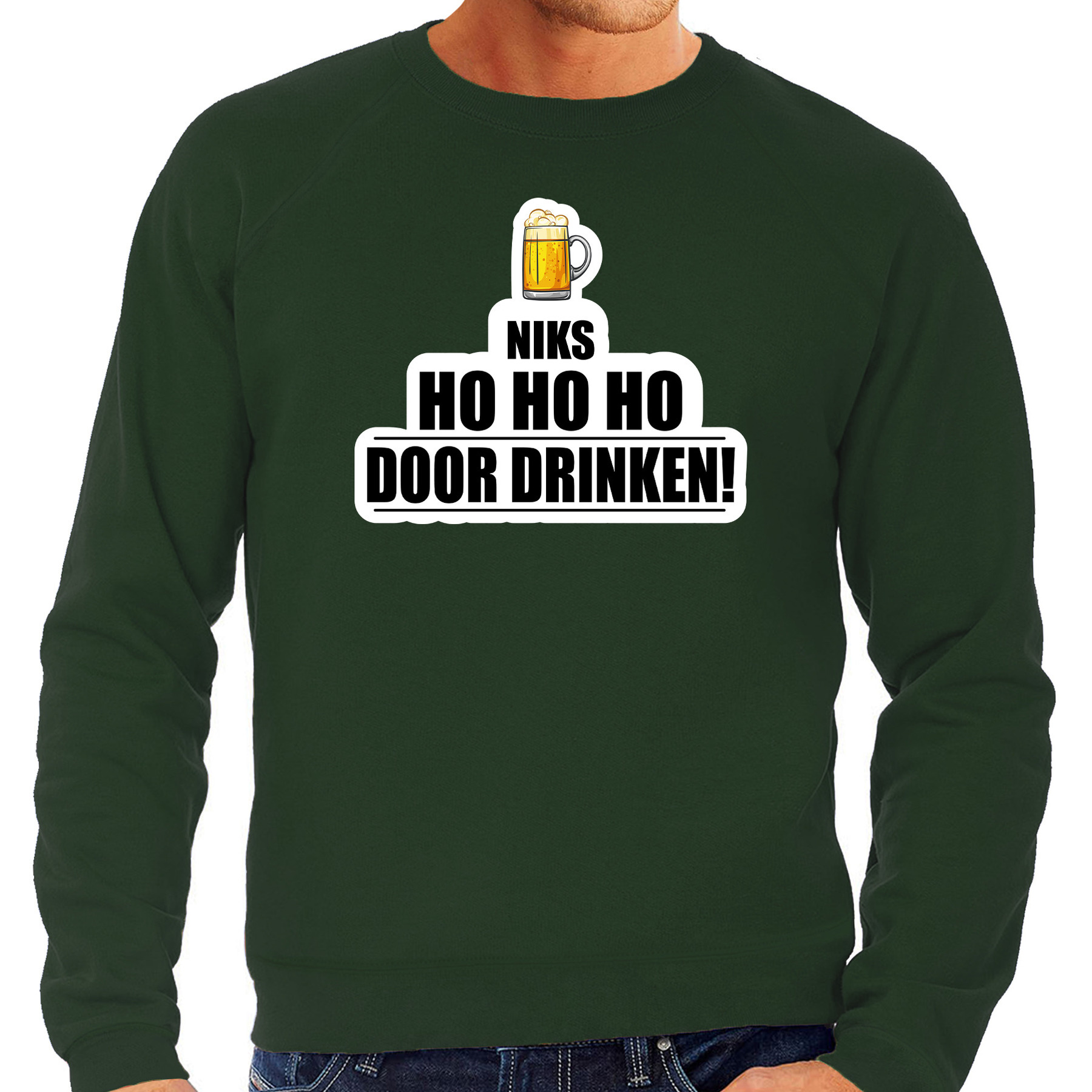 Grote maten niks ho ho ho bier doordrinken foute Kerst sweater-trui groen voor heren