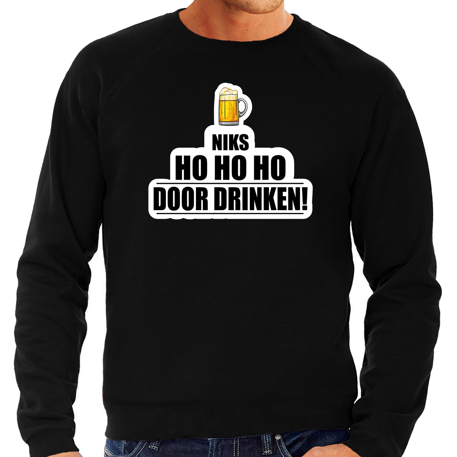 Grote maten niks ho ho ho bier doordrinken foute Kerst sweater-trui zwart voor heren