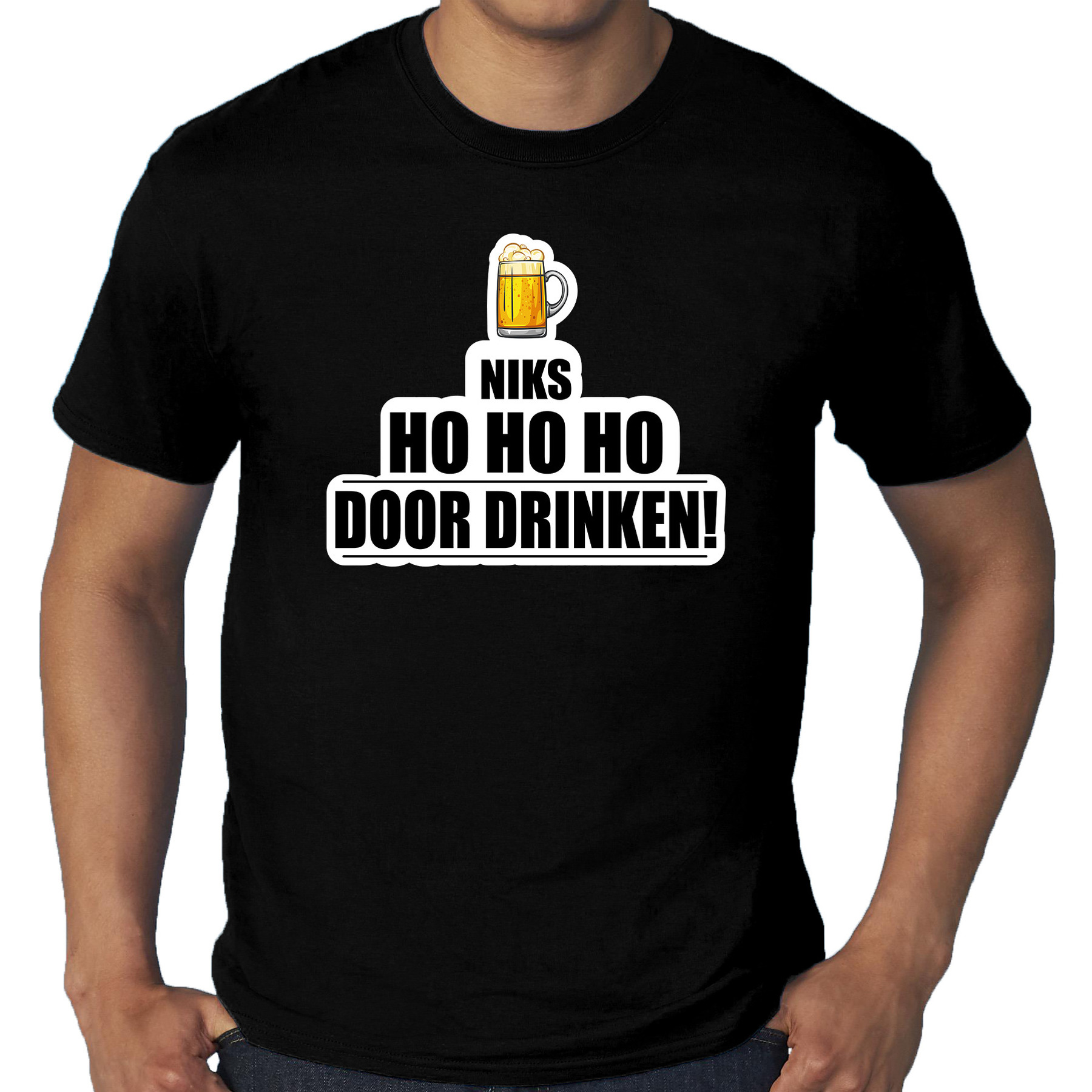 Grote maten niks ho ho ho bier doordrinken foute Kerst t-shirt zwart voor heren