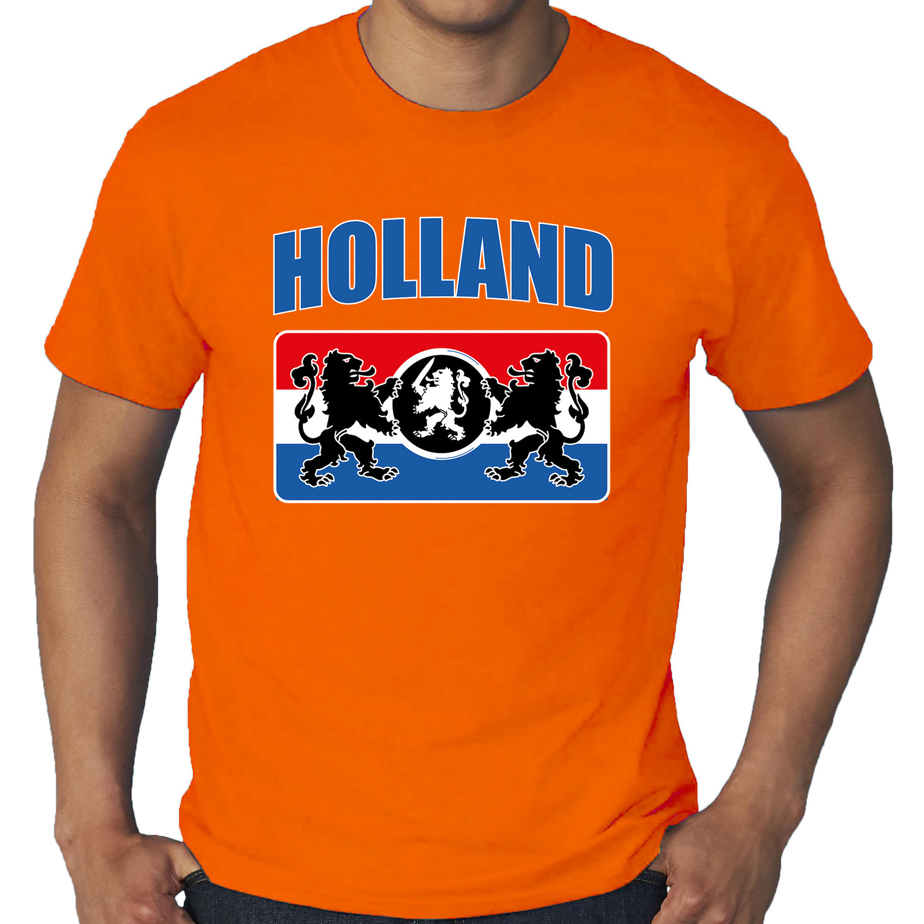 Grote maten oranje t-shirt met een Nederlands wapen Holland-Nederland supporter EK- WK voor heren