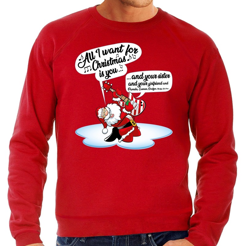 Grote maten rode foute kersttrui-sweater Kerstman die gitaar speelt en zingt voor heren