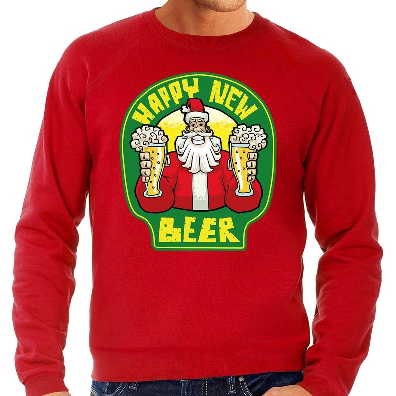 Grote maten rode foute kersttrui-sweater proostende Santa happy new beer voor heren