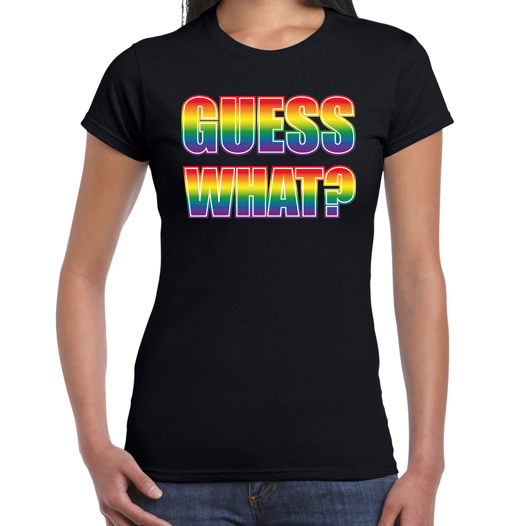 Guess what tekst coming out regenboog-LHBT t-shirt zwart voor dames