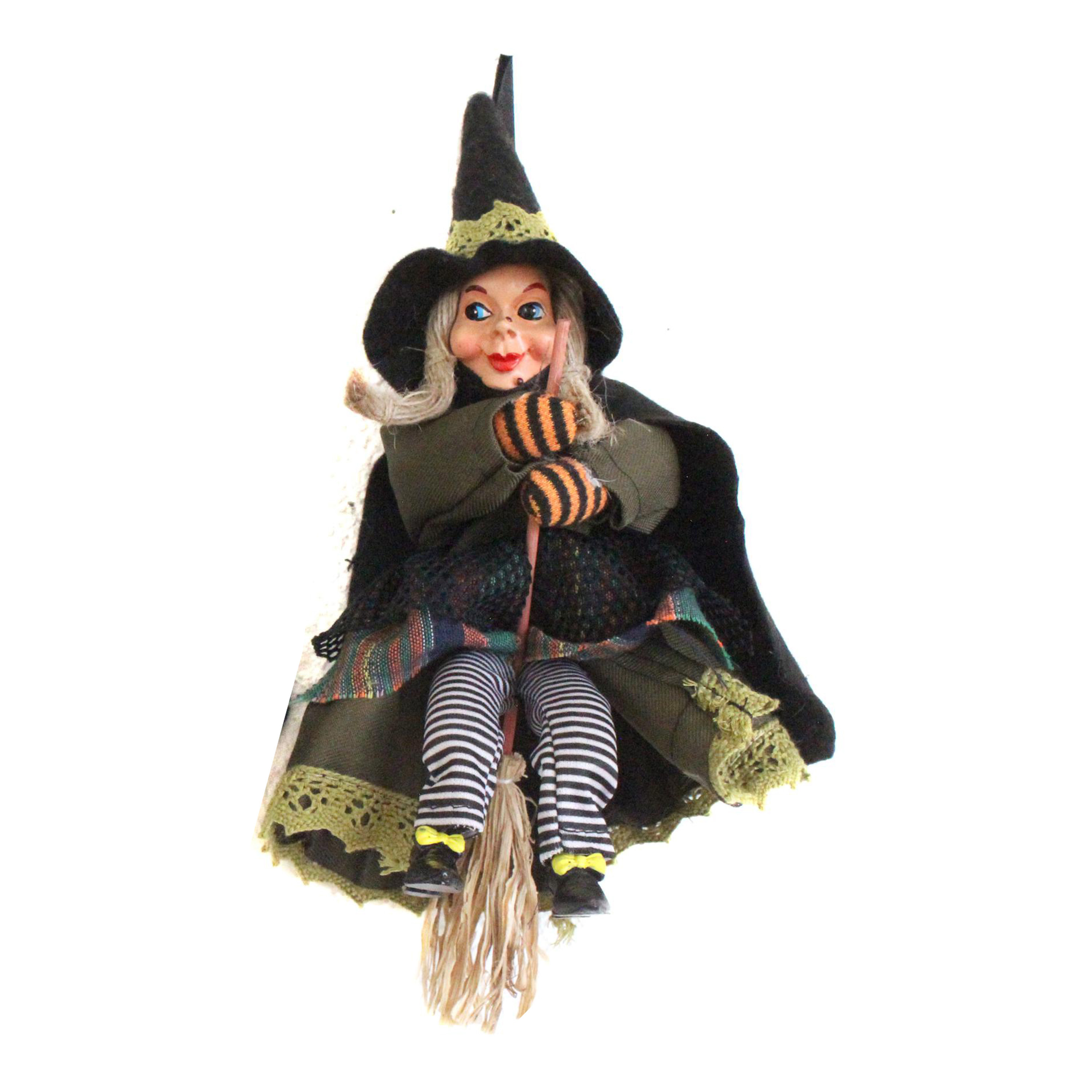 Halloween decoratie heksen pop op bezem 20 cm zwart-groen