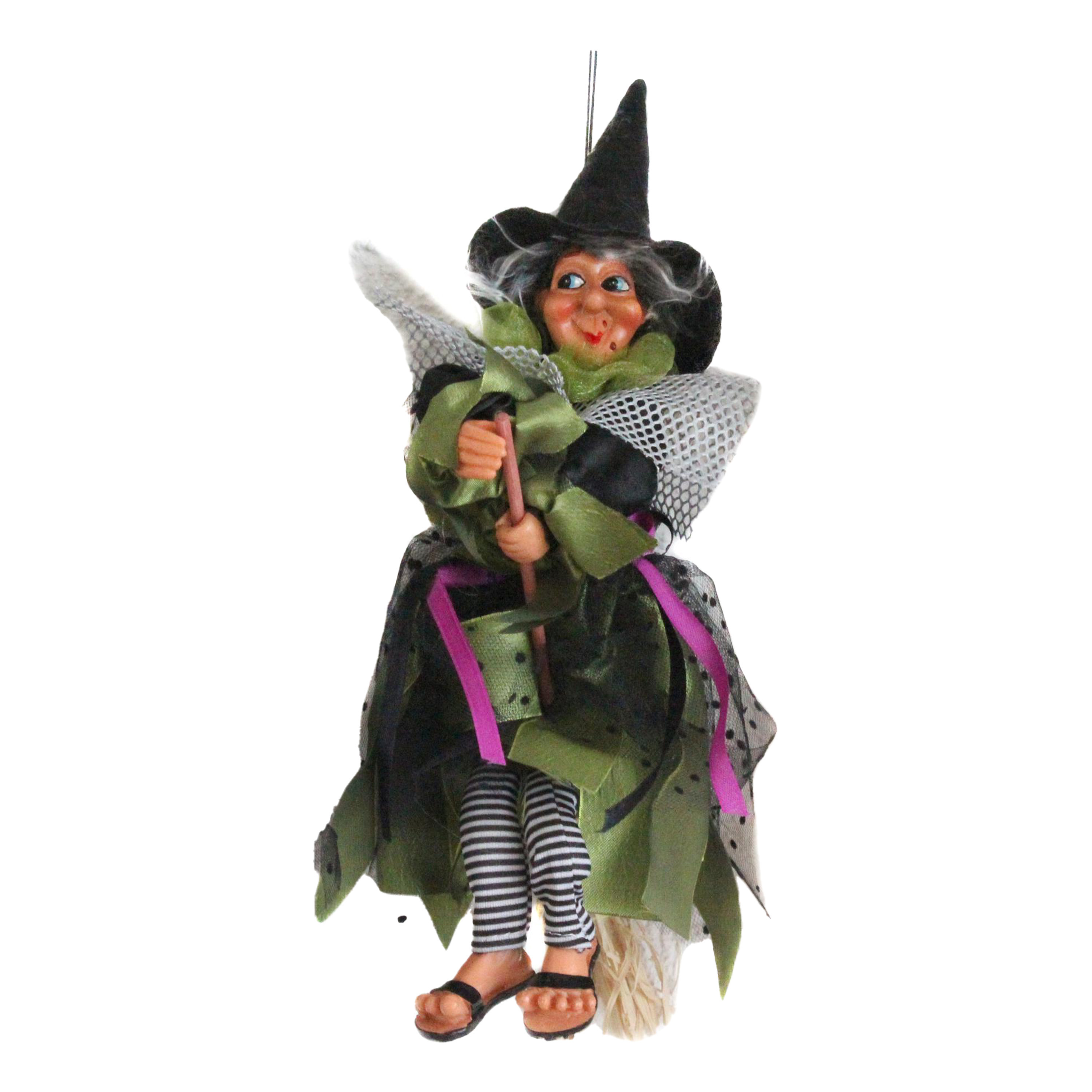 Halloween decoratie heksen pop op bezem 25 cm zwart-groen
