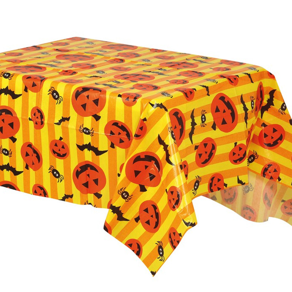 Halloween-horror thema feest tafelkleed pompoenen-vleermuizen geel PVC 130 x 175 cm