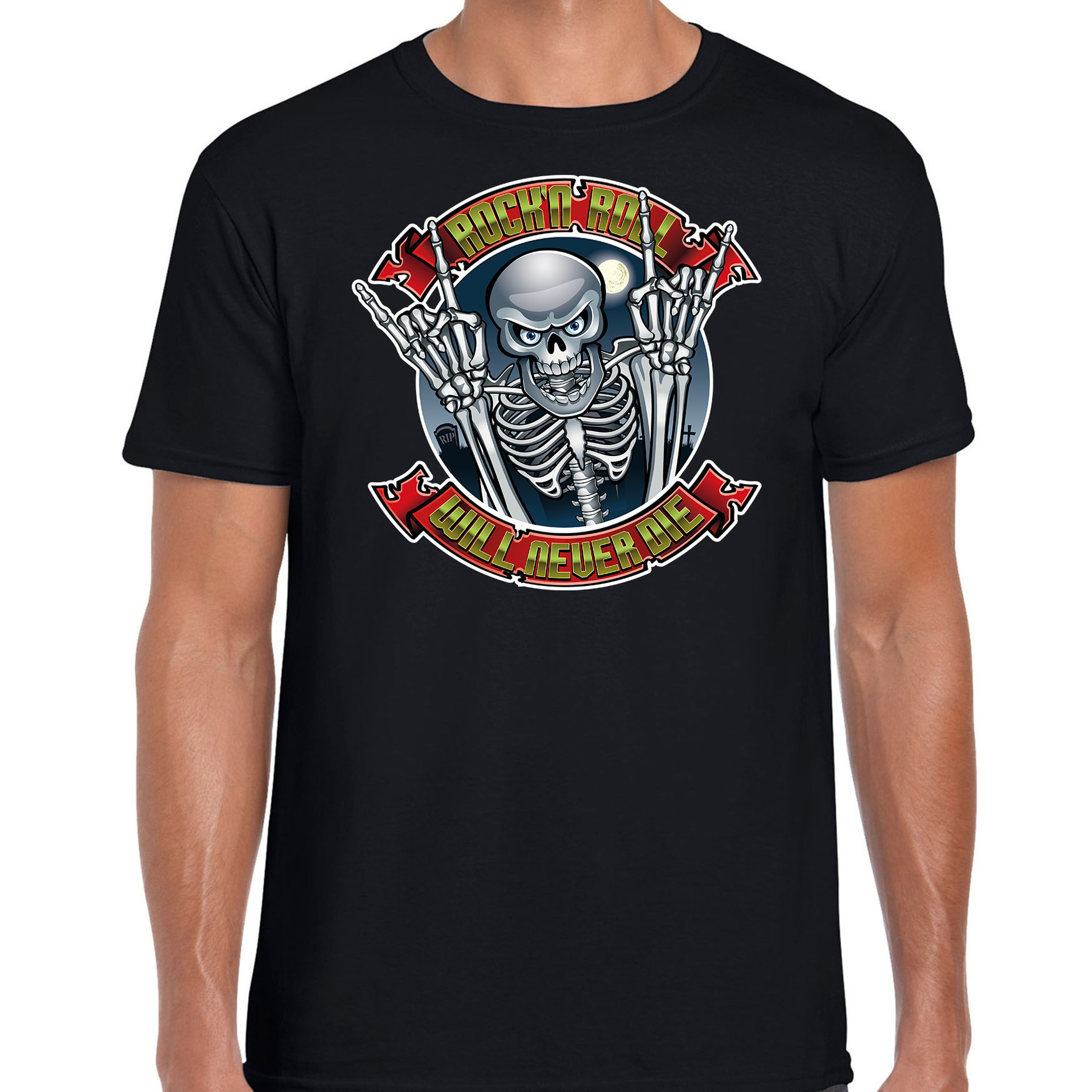 Halloween rock en roll skelet verkleed t-shirt zwart voor heren
