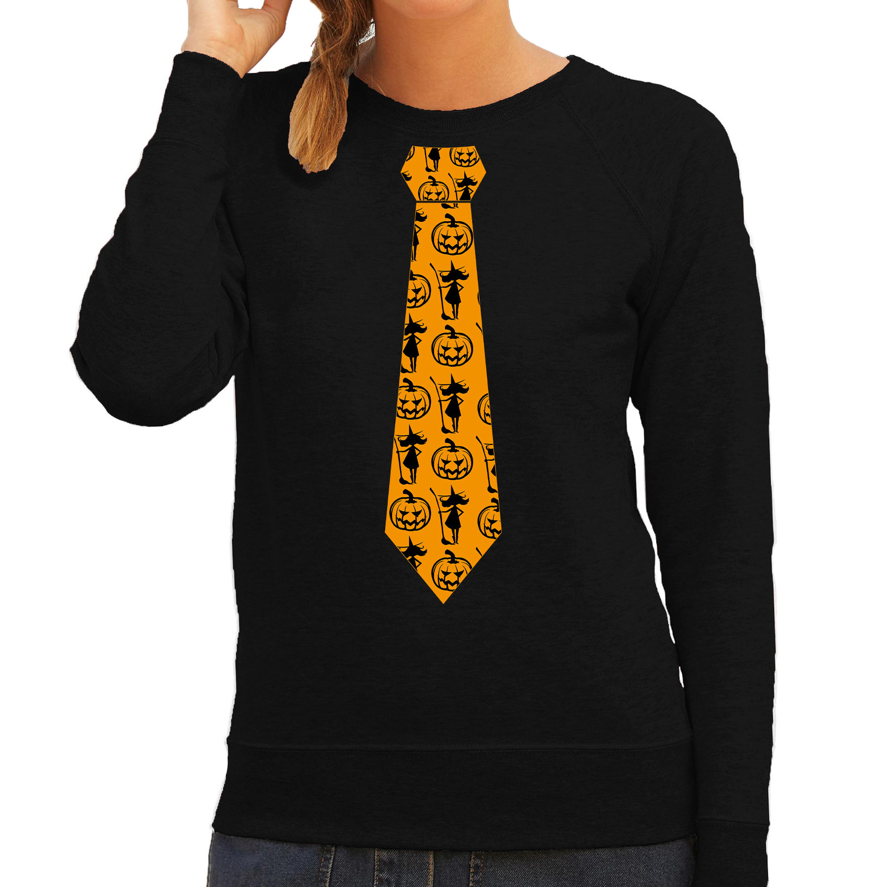 Halloween thema verkleed sweater-trui heks en pompoen stropdas zwart voor dames