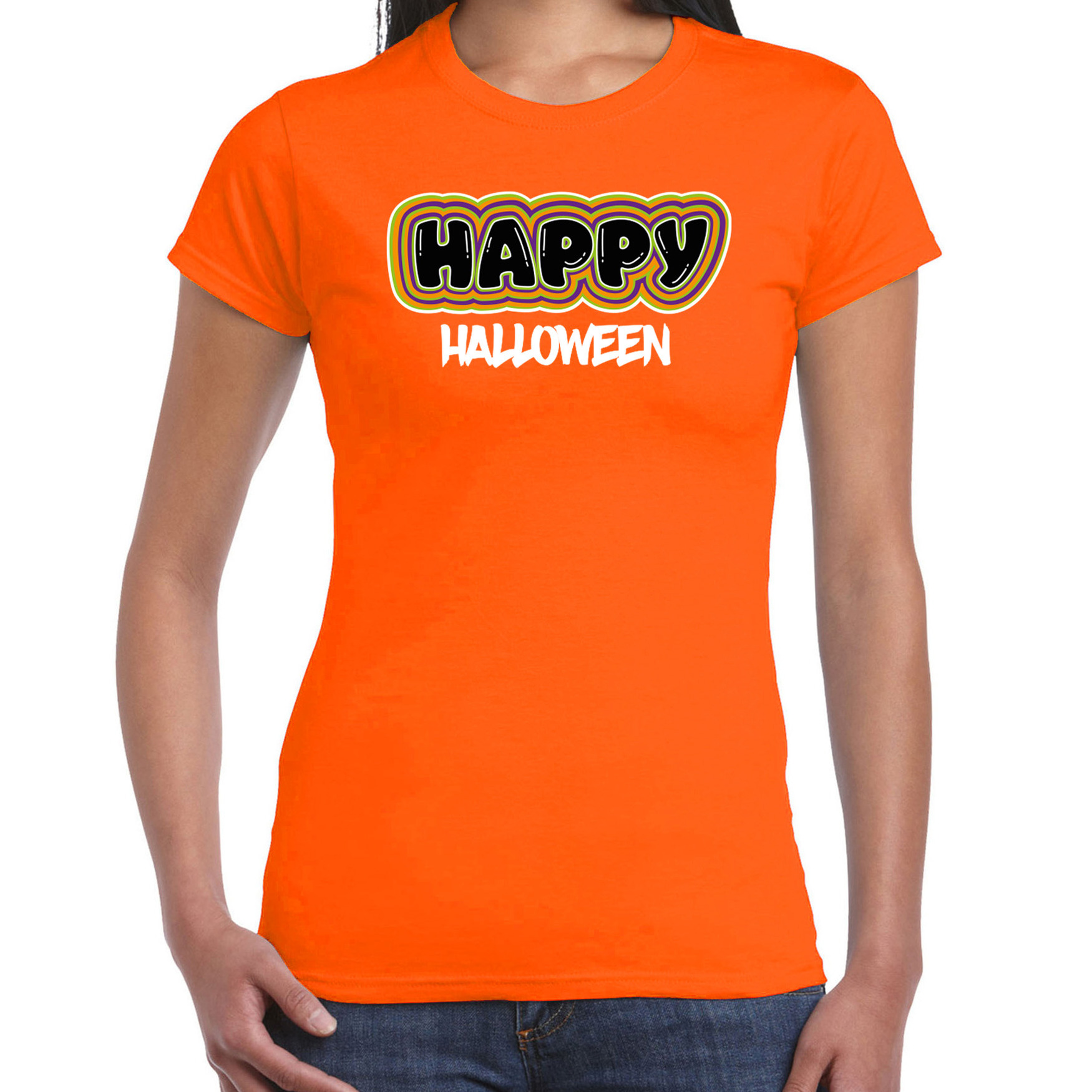 Halloween verkleed t-shirt dames Happy Halloween oranje themafeest outfit
