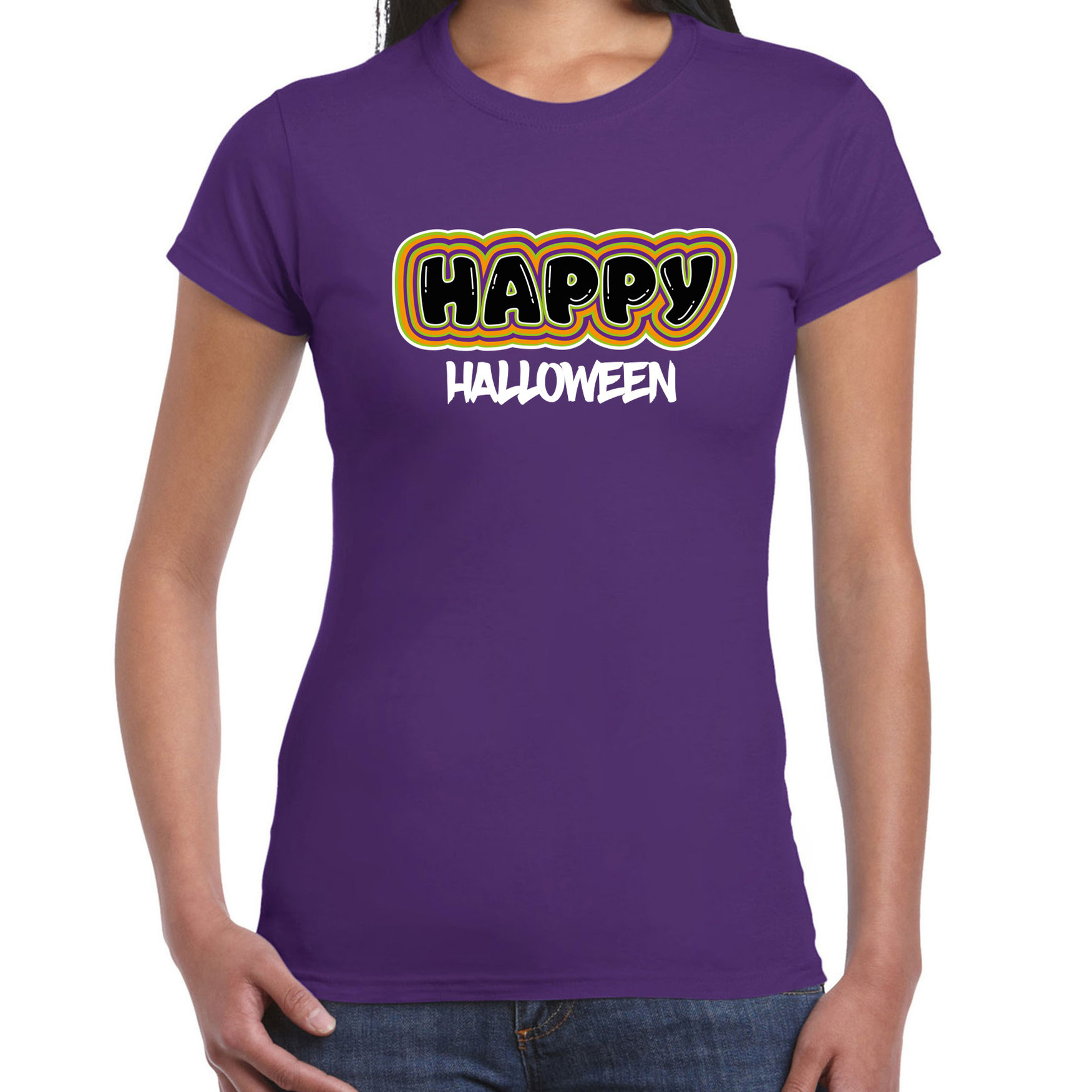 Halloween verkleed t-shirt dames Happy Halloween paars themafeest outfit