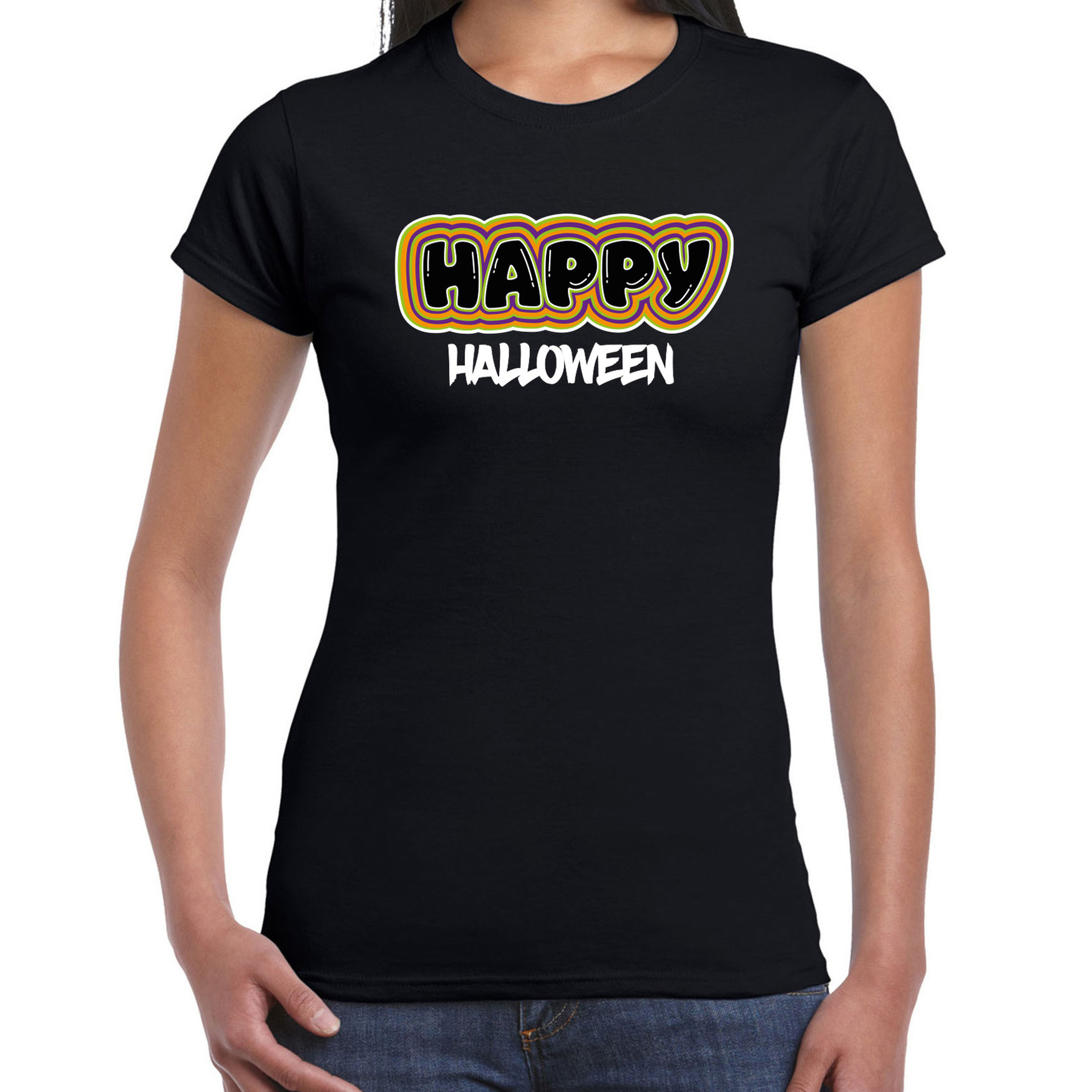 Halloween verkleed t-shirt dames Happy Halloween zwart themafeest outfit