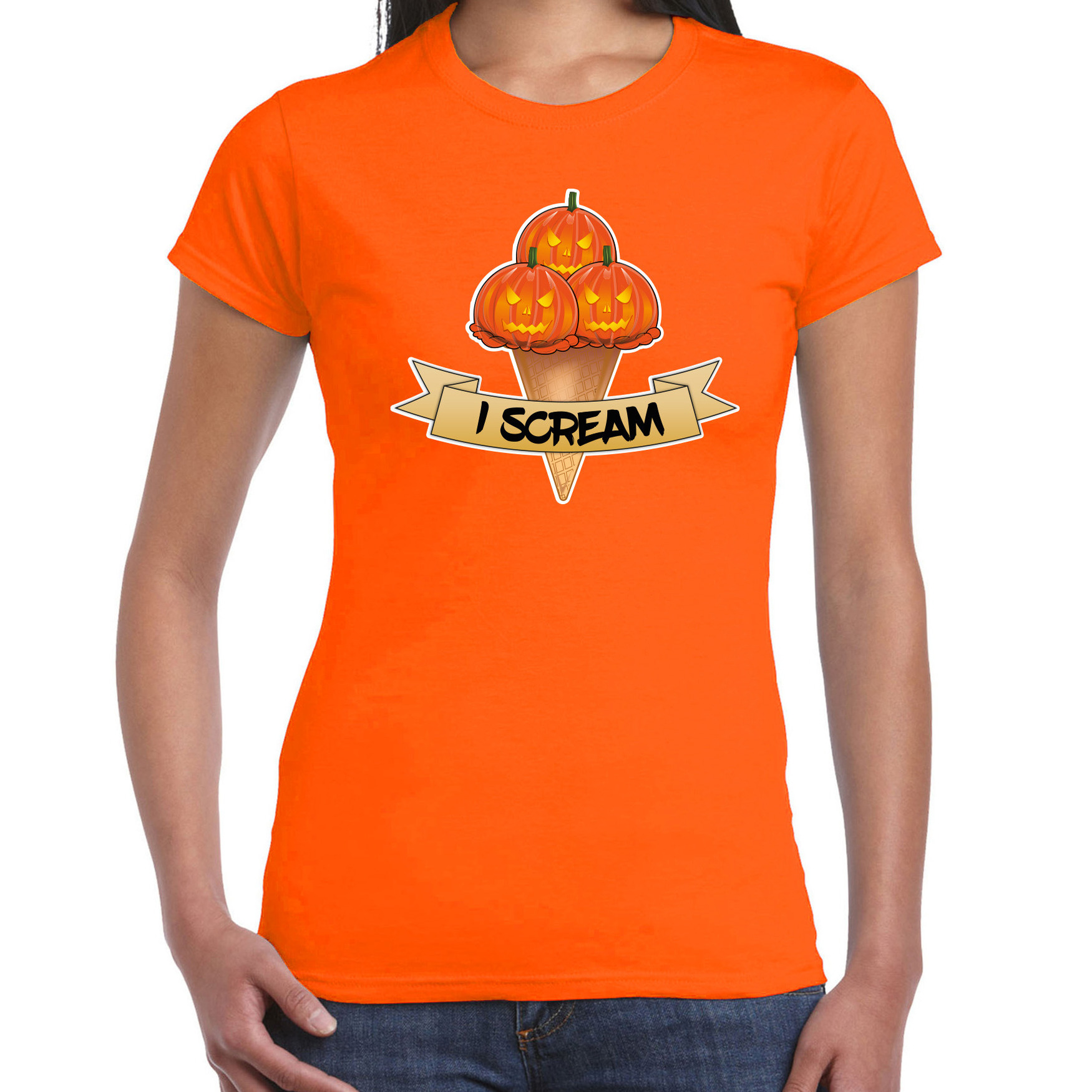 Halloween verkleed t-shirt dames pompoen oranje themafeest outfit I scream