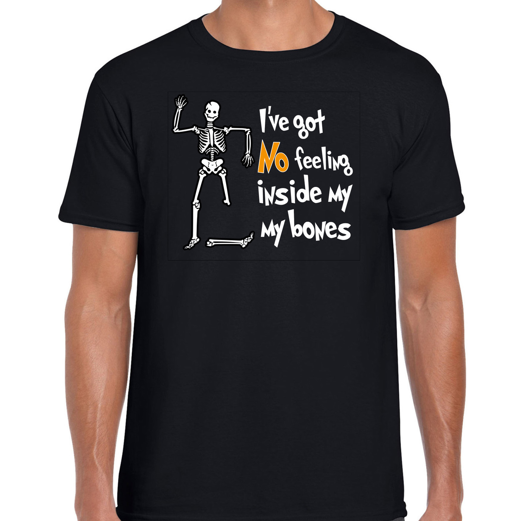 Halloween verkleed t-shirt heren skelet zwart no feelings themafeest outfit