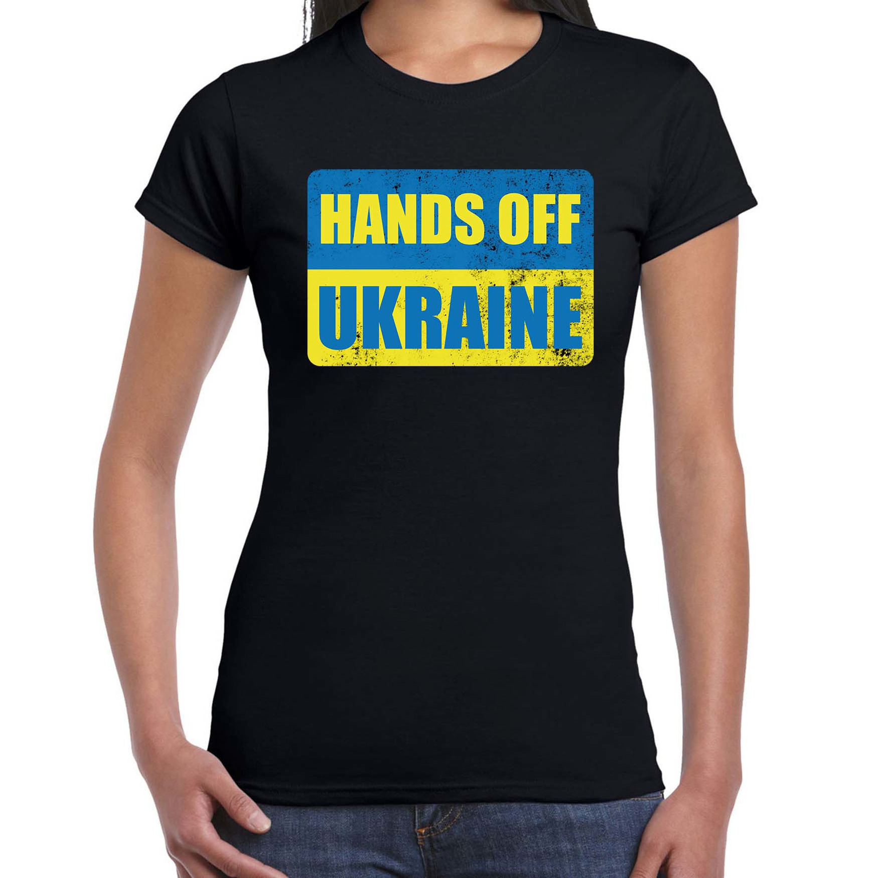 Hands off Ukraine t-shirt zwart dames Oekraine shirt met Oekraiense vlag