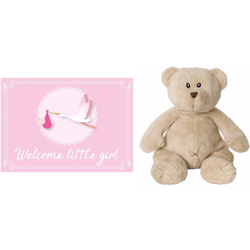Happy Horse bruine beren knuffels + geboortekaartje Welcome little girl ooievaar roze