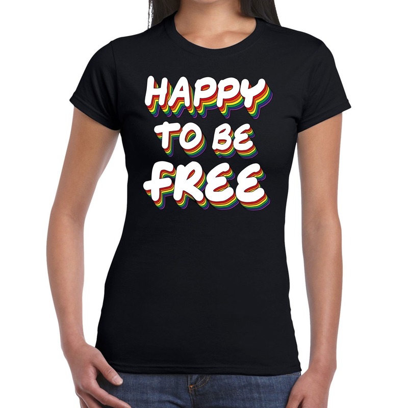 Happy to be free gay pride t-shirt zwart voor dames