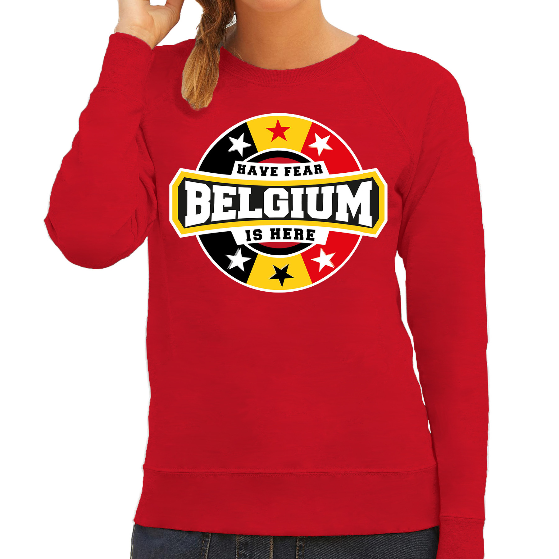 Have fear Belgium is here-Belgie supporter sweater rood voor dames