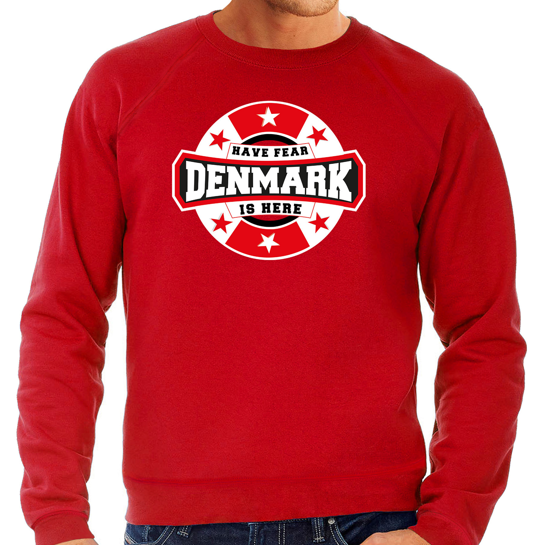 Have fear Denmark is here-Denemarken supporter sweater rood voor heren