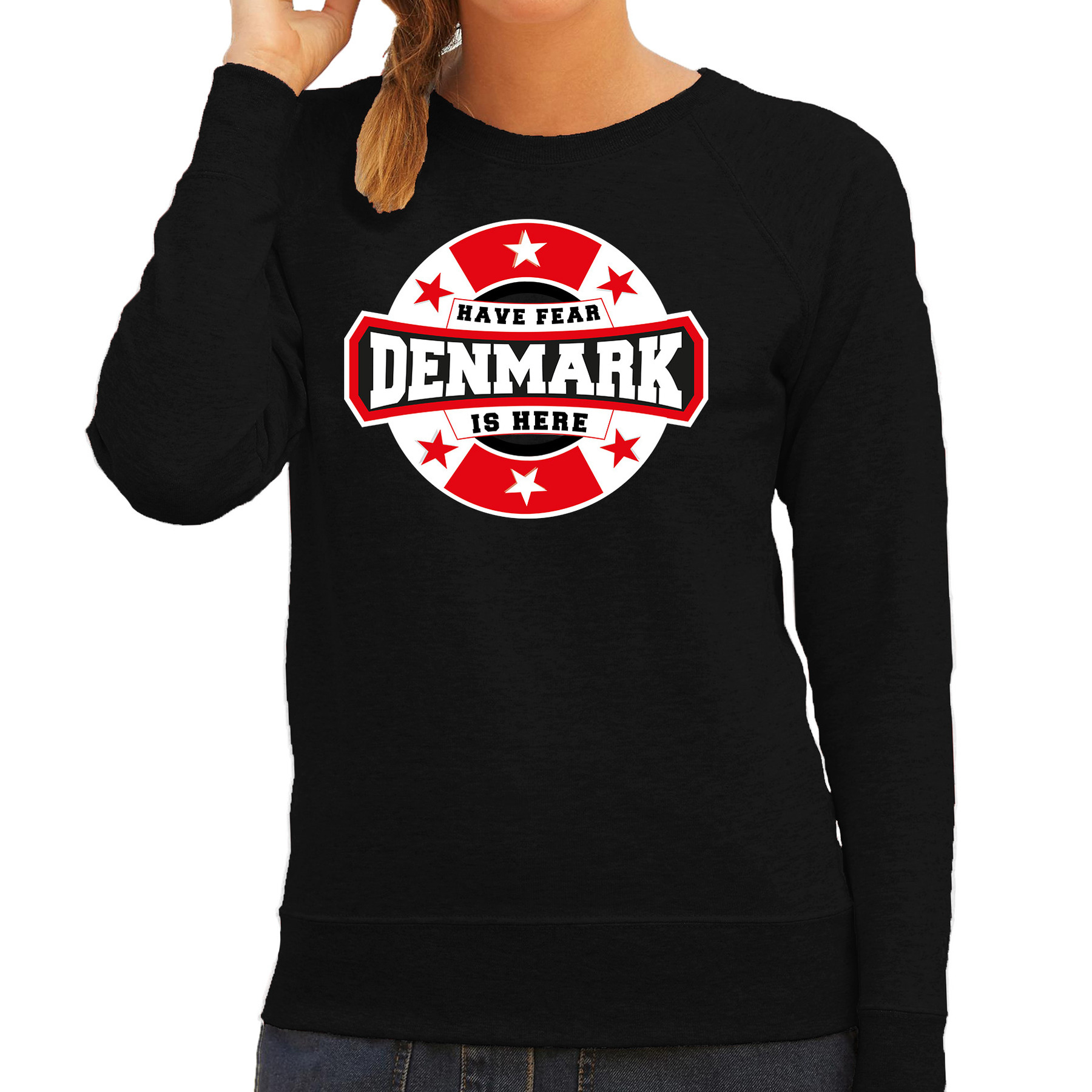 Have fear Denmark is here-Denemarken supporter sweater zwart voor dames
