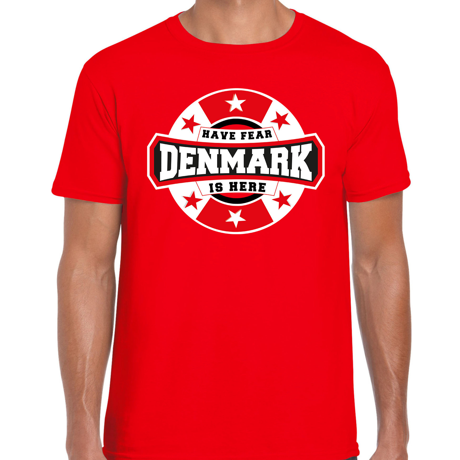 Have fear Denmark is here-Denemarken supporter t-shirt rood voor heren
