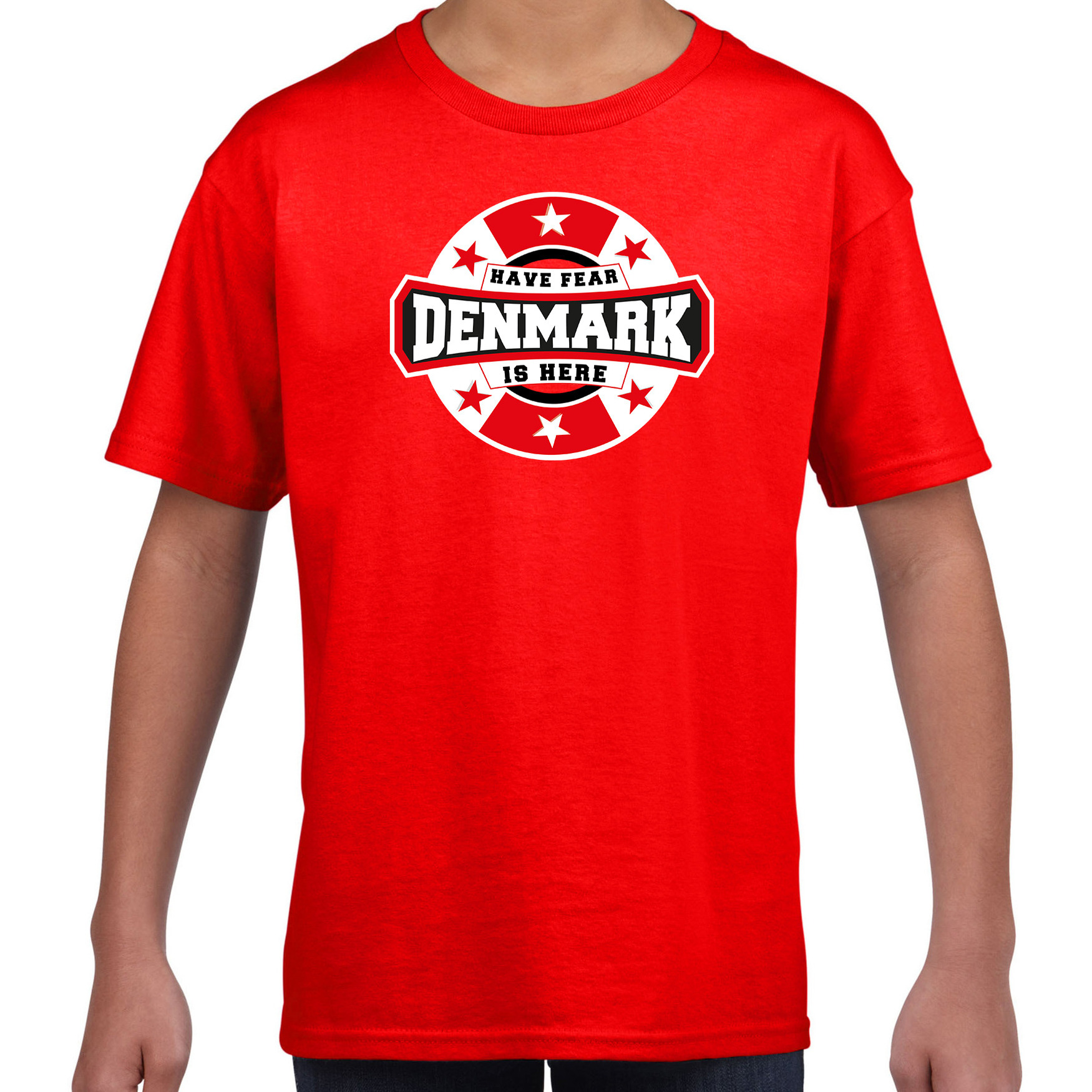 Have fear Denmark is here-Denemarken supporter t-shirt rood voor kids